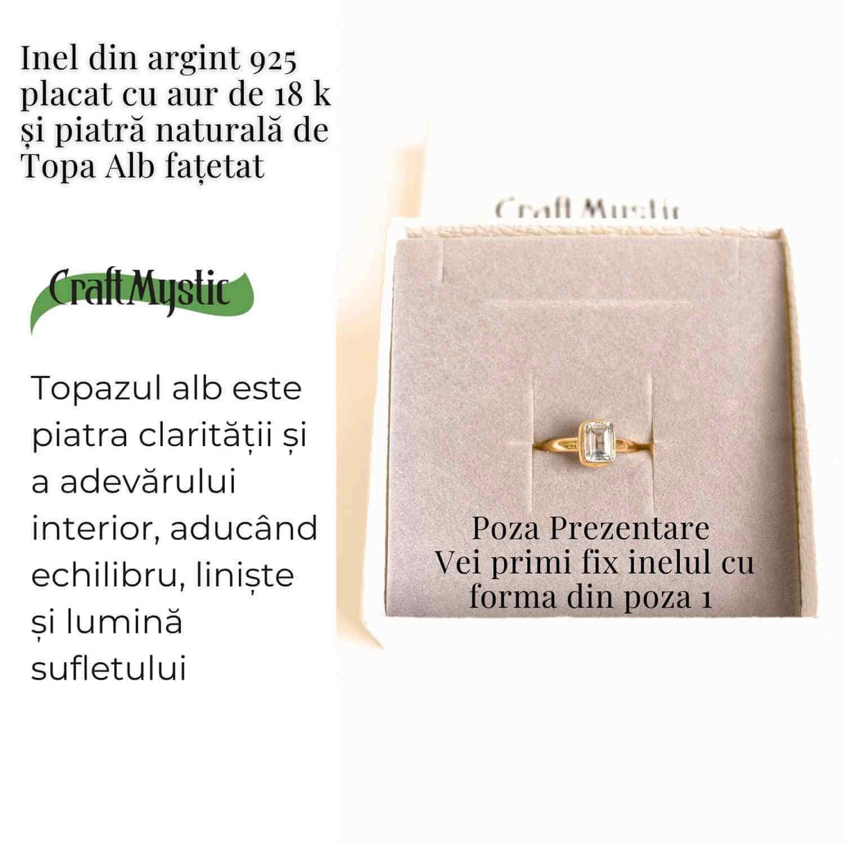 Inel argint 925 placat cu aur 18K si Topaz Alb fatetat lacrima - Claritate si Eleganta