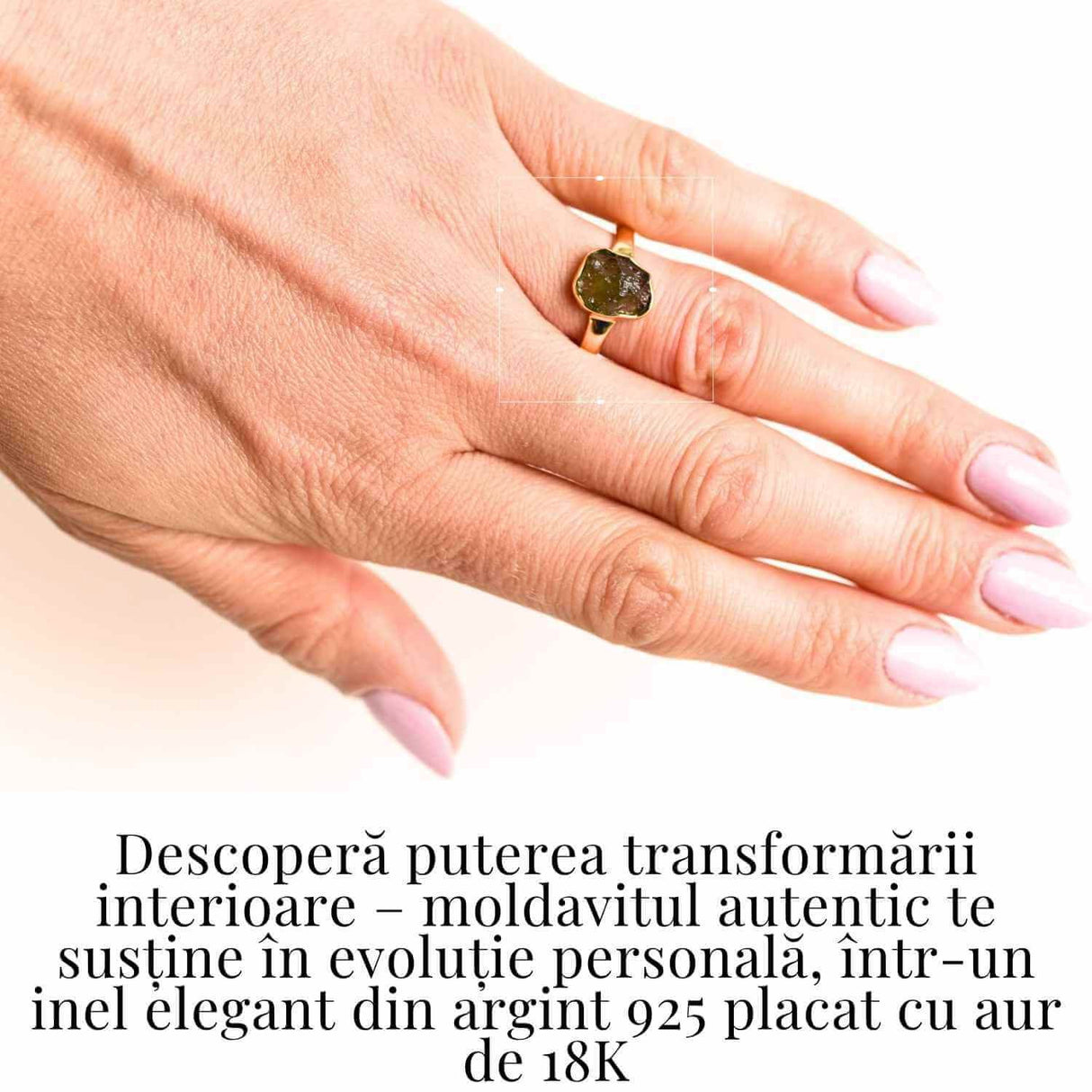 Inel cu Moldavit din Argint 925 placat cu Aur de 18K 2.7 gr Marime 52 (EU) / 6 (US) - Transformare Spirituala si Energie de Vindecare