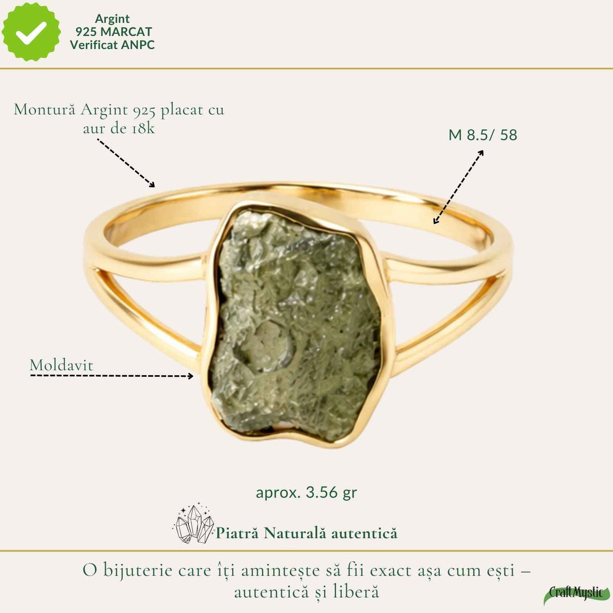 Inel cu Moldavit Verde Brut – Argint 925 Placat Aur 18K, M8.5/58 - Energie Universala si Echilibru