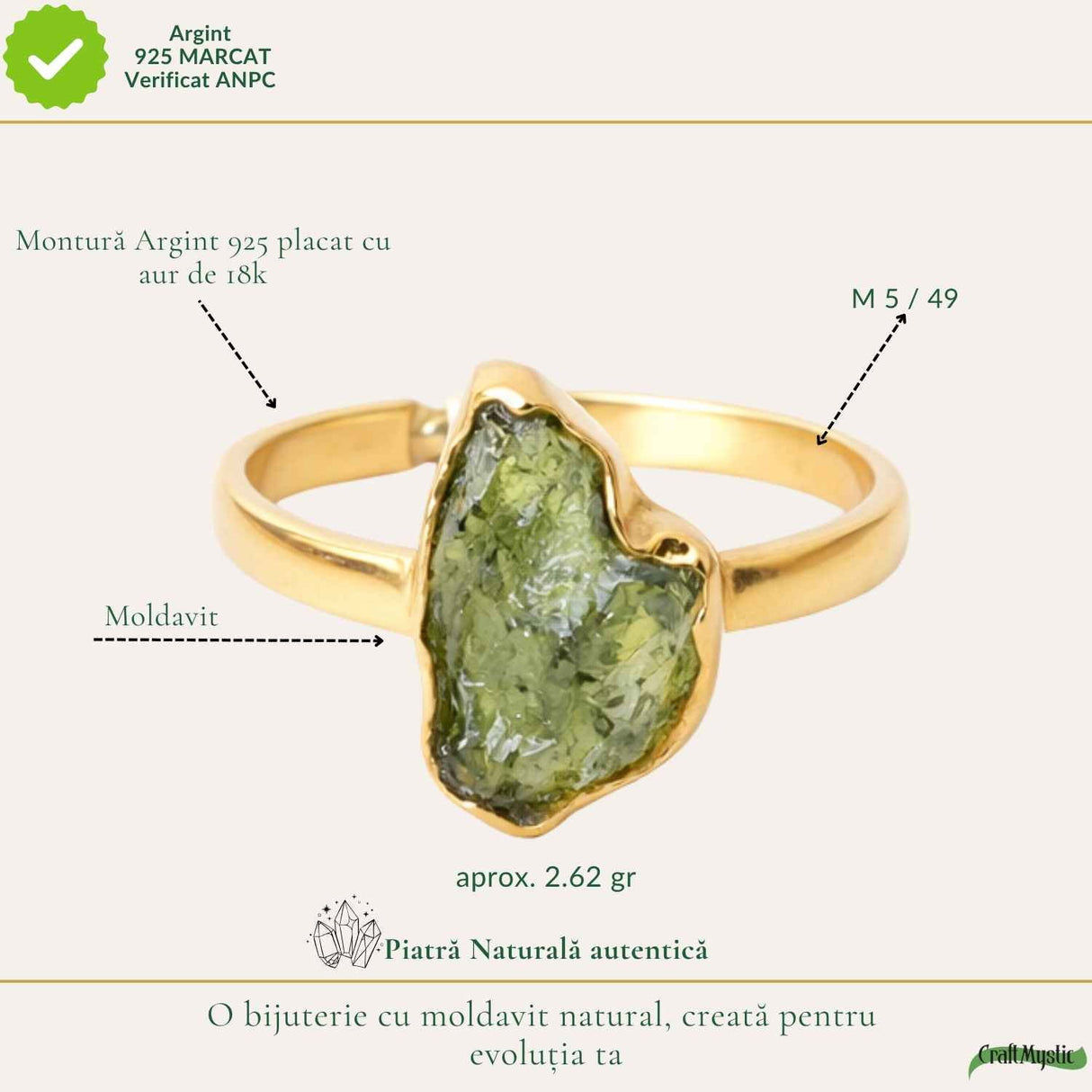 Inel argint 925 placat cu aur de 18k si moldavit brut M5/49 – energie intensa si transformare autentica
