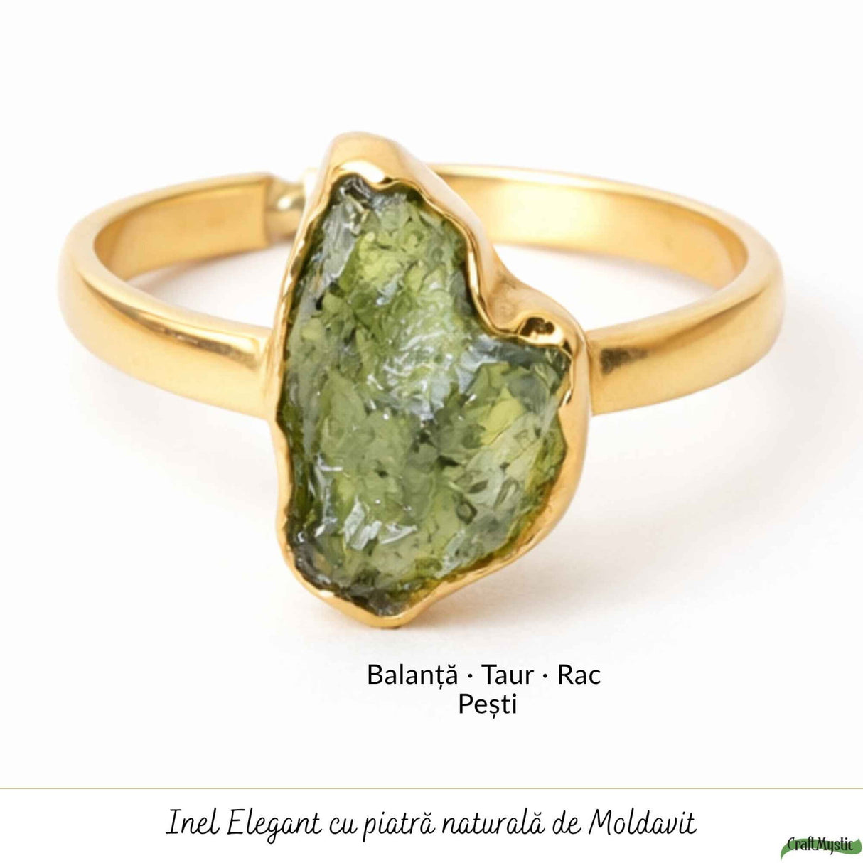 Inel argint 925 placat cu aur de 18k si moldavit brut M5/49 – energie intensa si transformare autentica