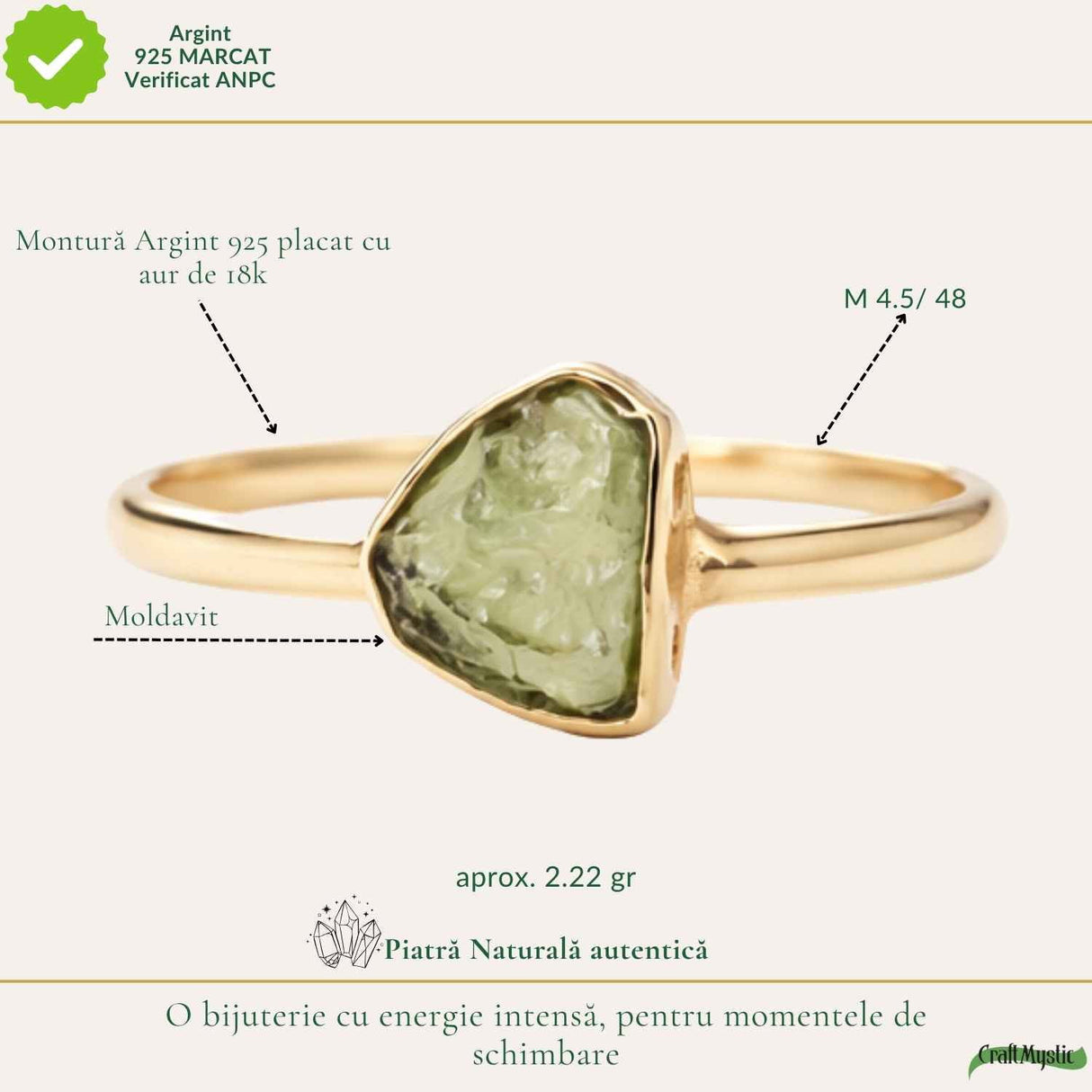 Inel argint 925 placat cu aur de 18k si moldavit bru, M4.5/48 – energie subtila si transformare interioara