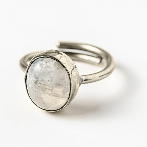 Adjustable Silver Ring with Rainbow Moonstone - Intuition and Tranquility
