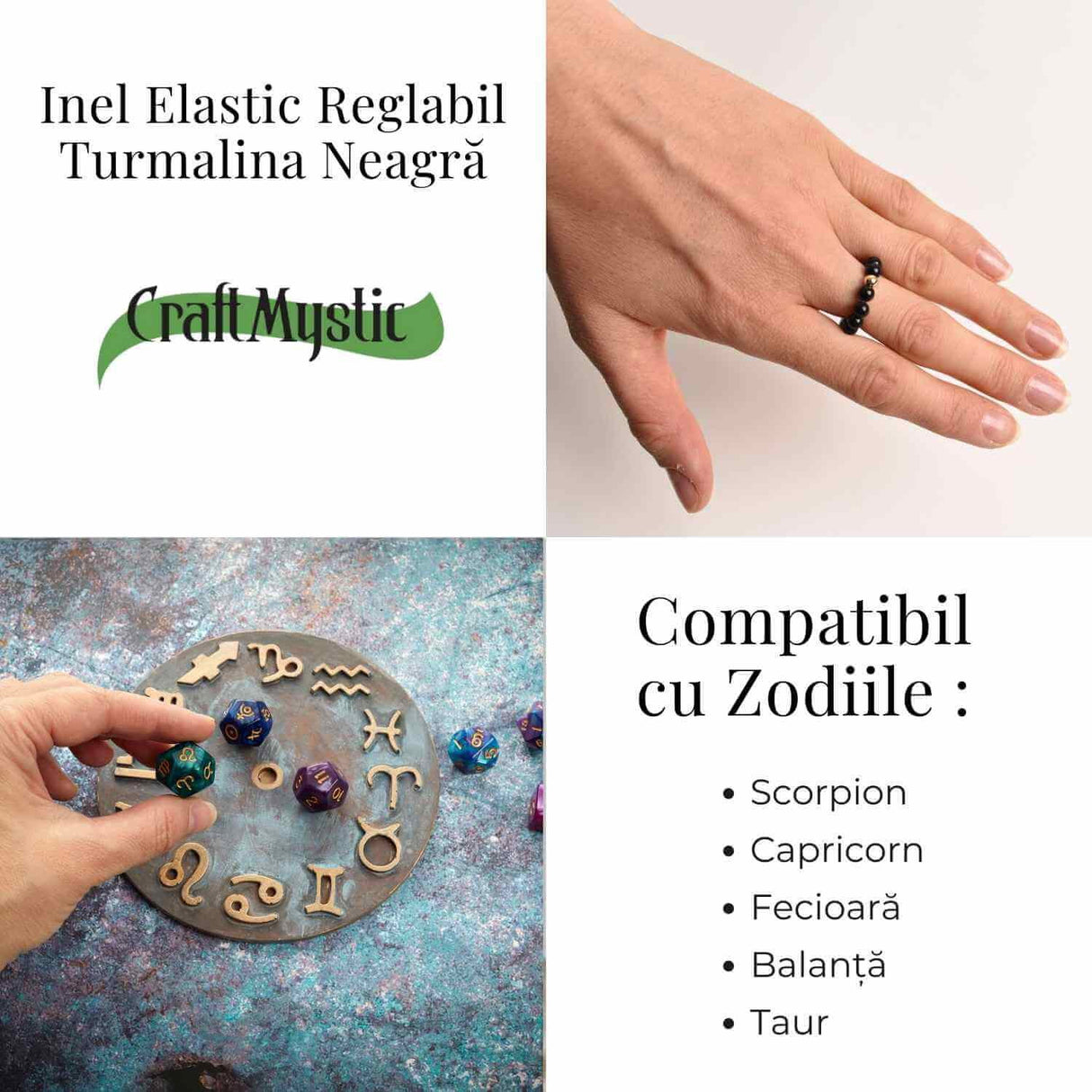 Inel elastic cu biluta aurie si margele 4 mm din pietre naturale - Turmalina Neagra