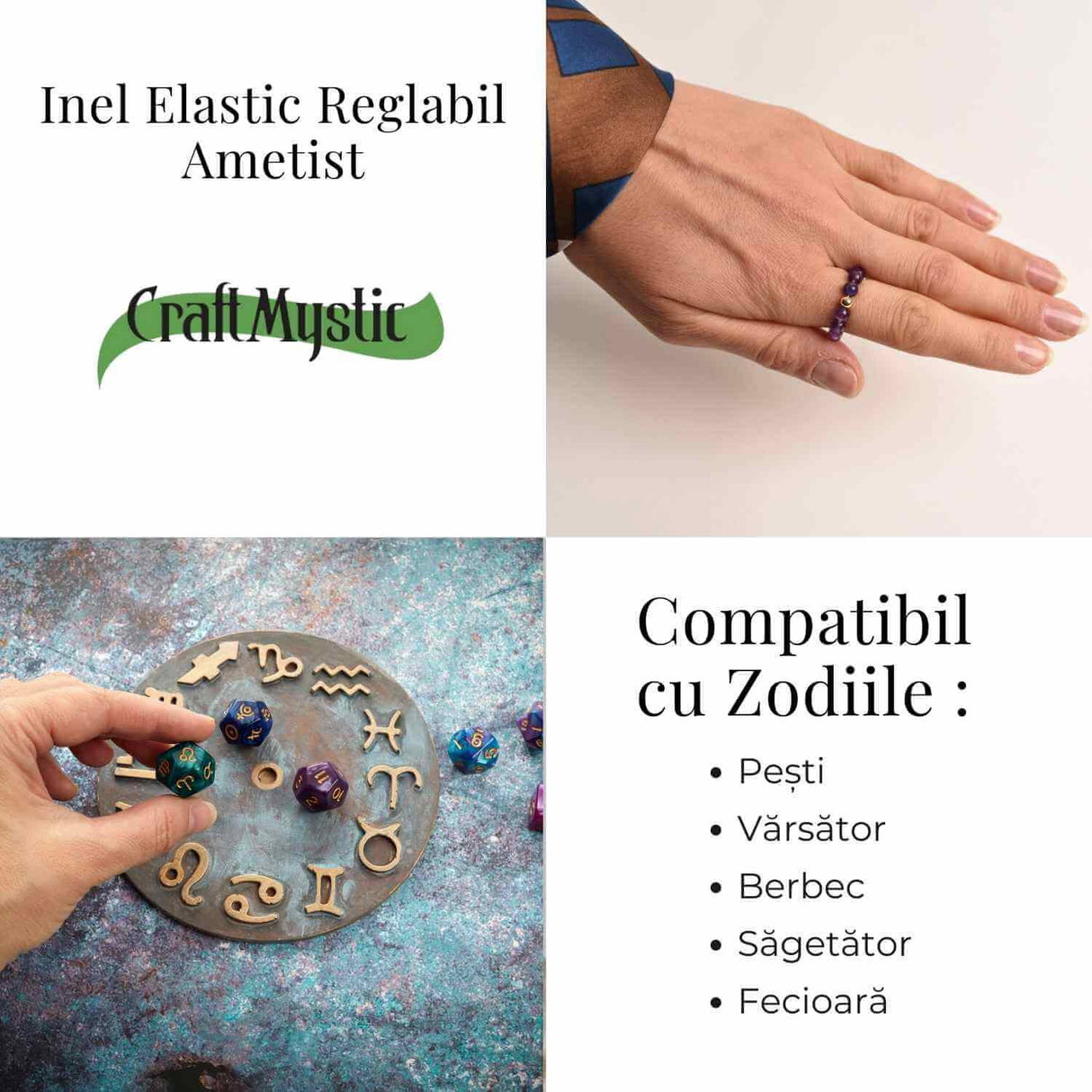 Inel elastic cu biluta aurie si margele 4 mm din pietre naturale - Ametist