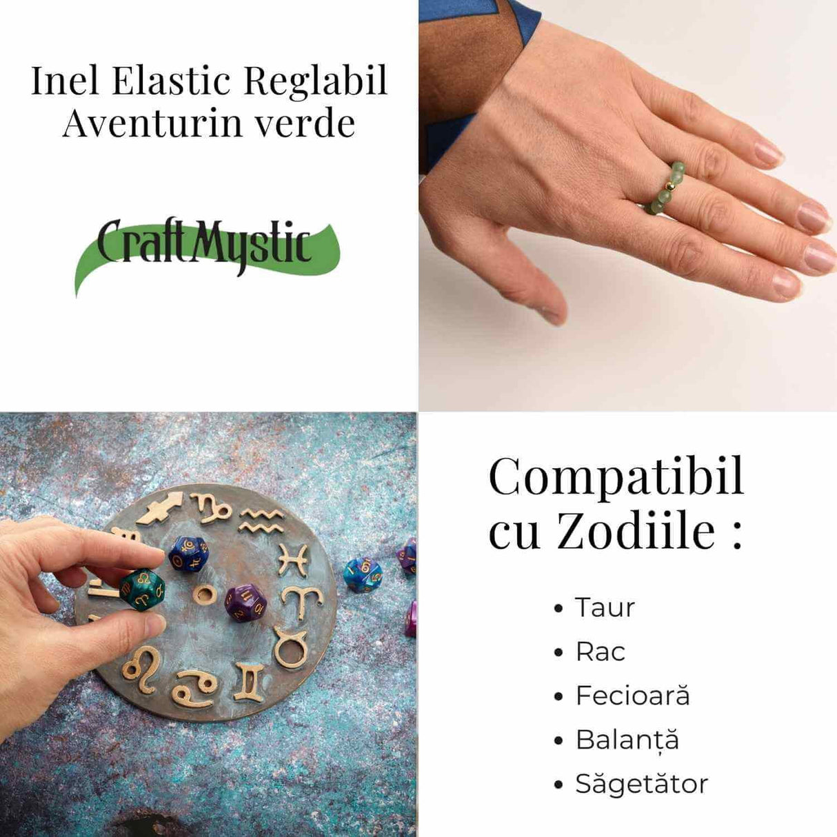 Inel elastic cu biluta aurie si margele 4 mm din pietre naturale - Aventurin Verde