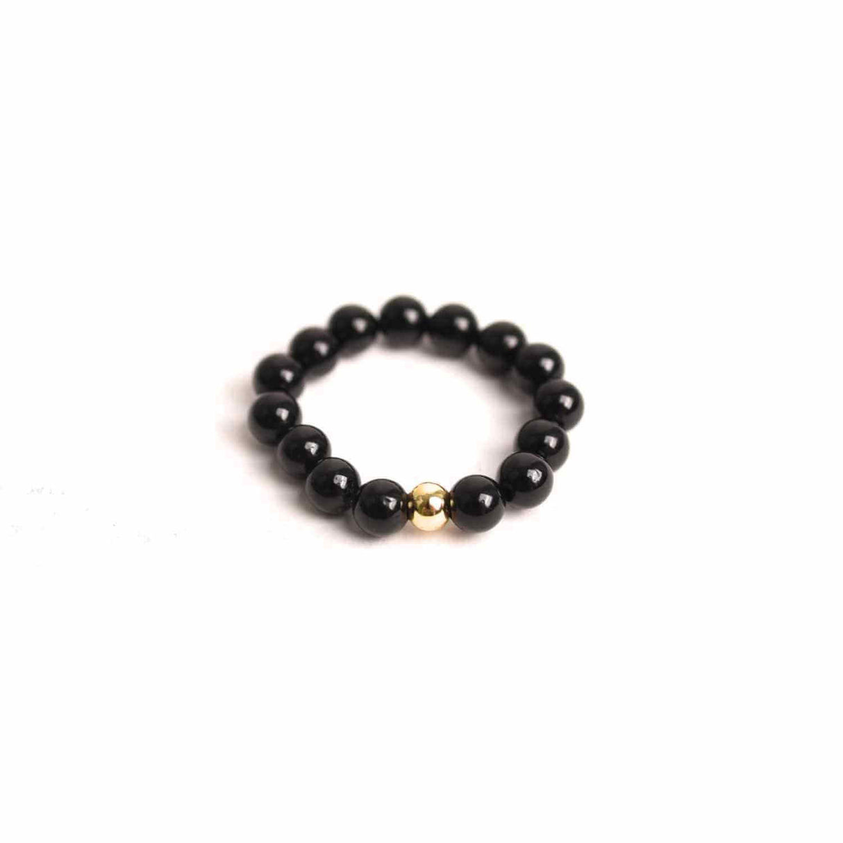 Inel elastic cu biluta aurie si margele 4 mm din pietre naturale - Turmalina Neagra