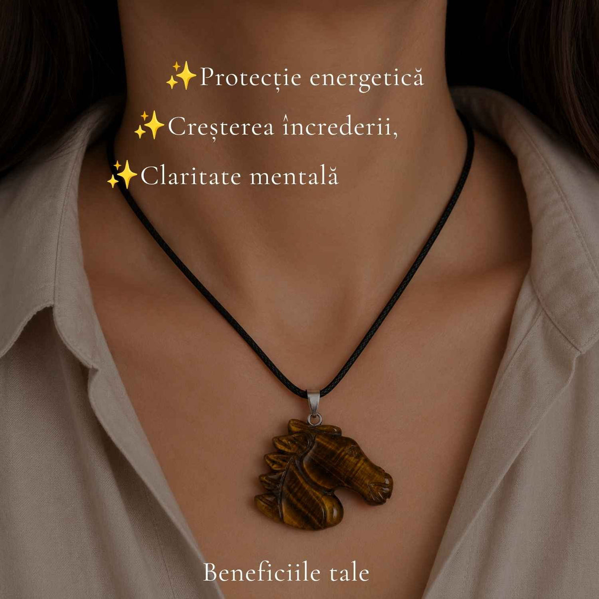 Colier cu Ochi de Tigru Natural in Forma de Cal – Curaj, Protectie si incredere