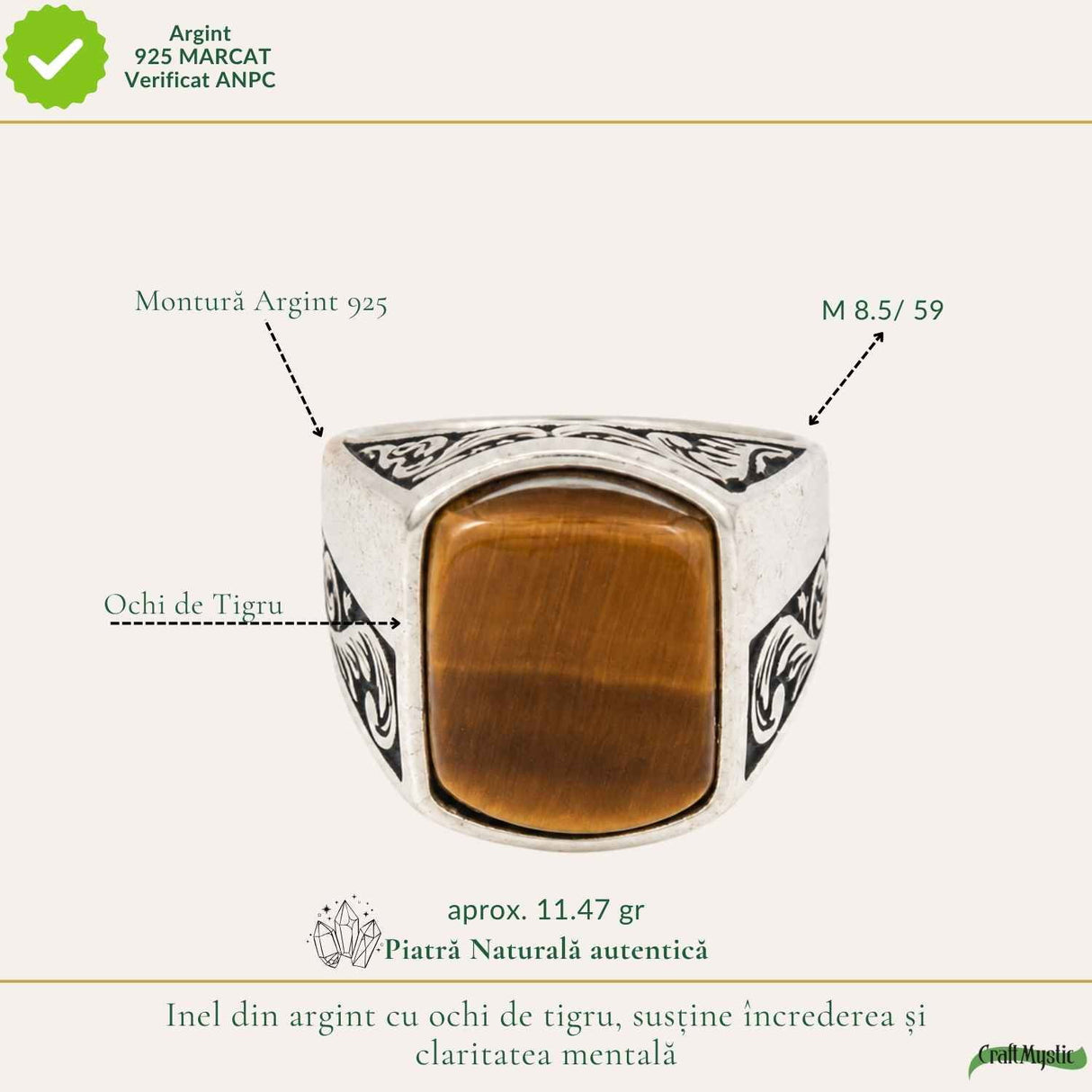 Inel Barbatesc Argint 925 cu Ochi de Tigru Dreptunghi – Protectie si Curaj