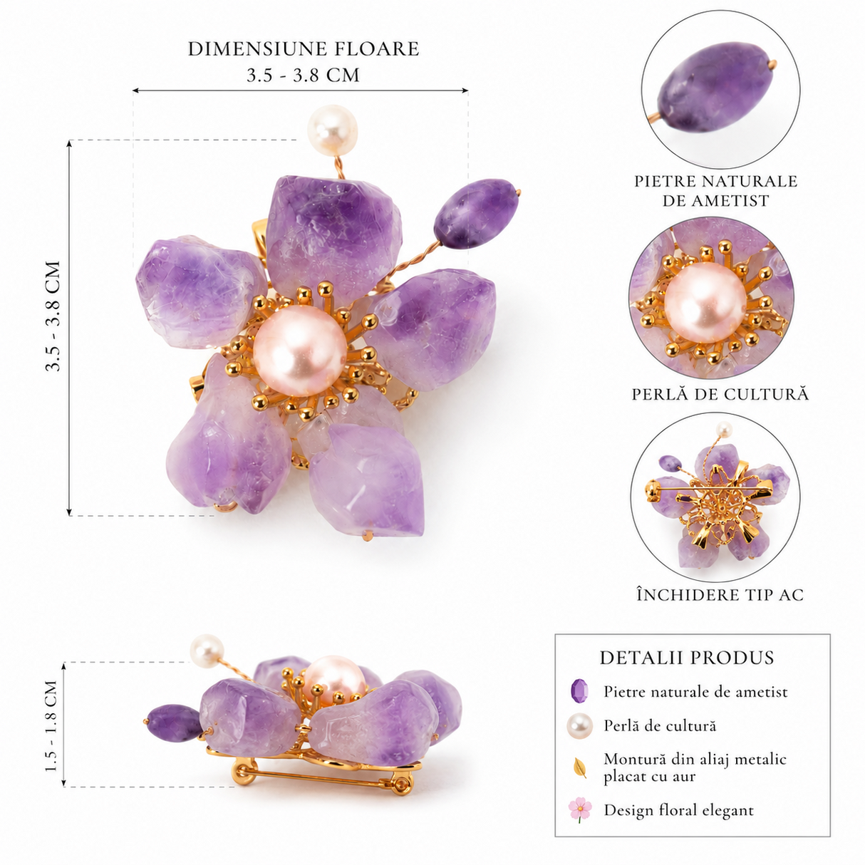 Brosa Pandantiv Floare cu Ametist Natural si Perle de Cultura – Eleganta si Armonie