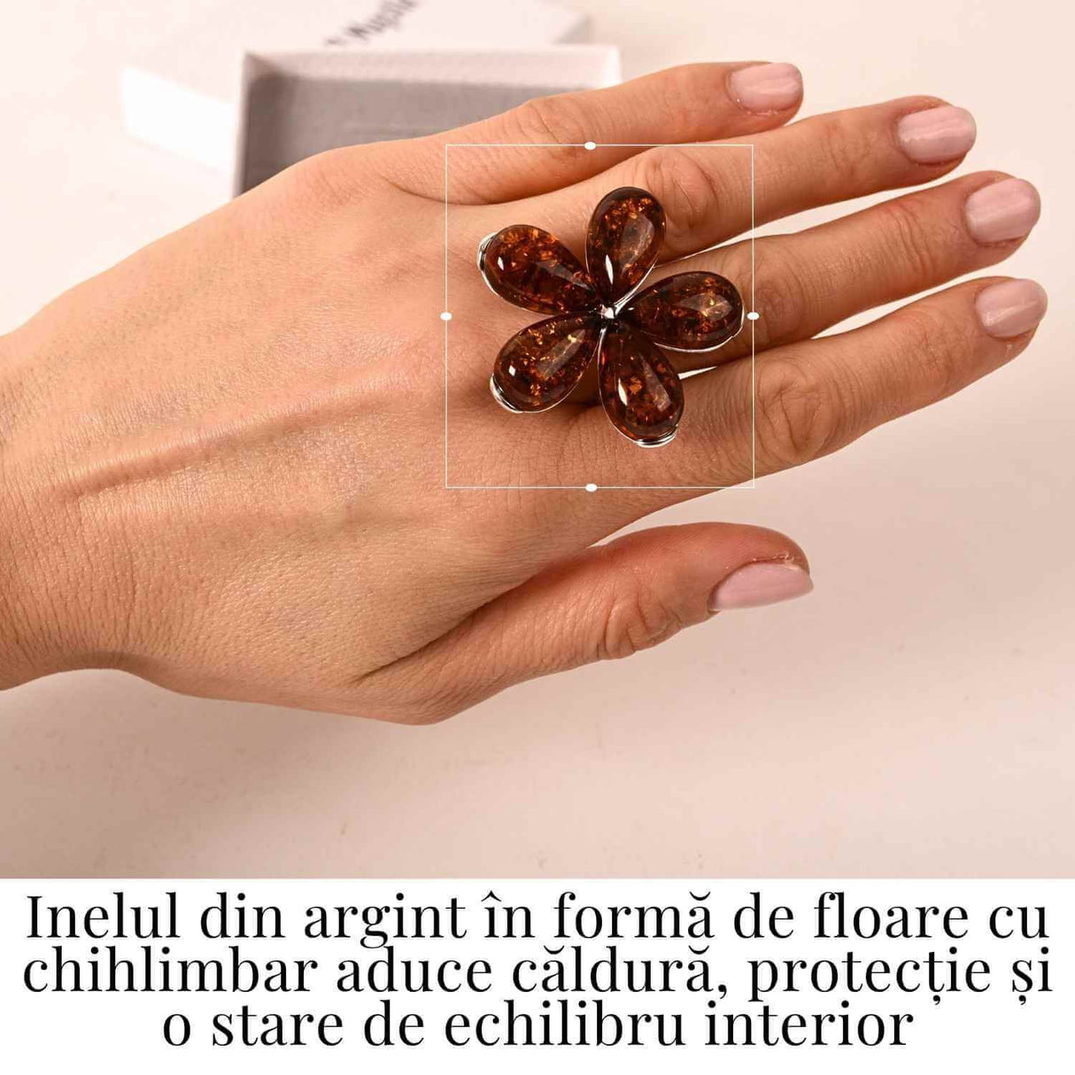 Inel floare din argint 925 cu chihlimbar natural - Floare a caldurii interioare