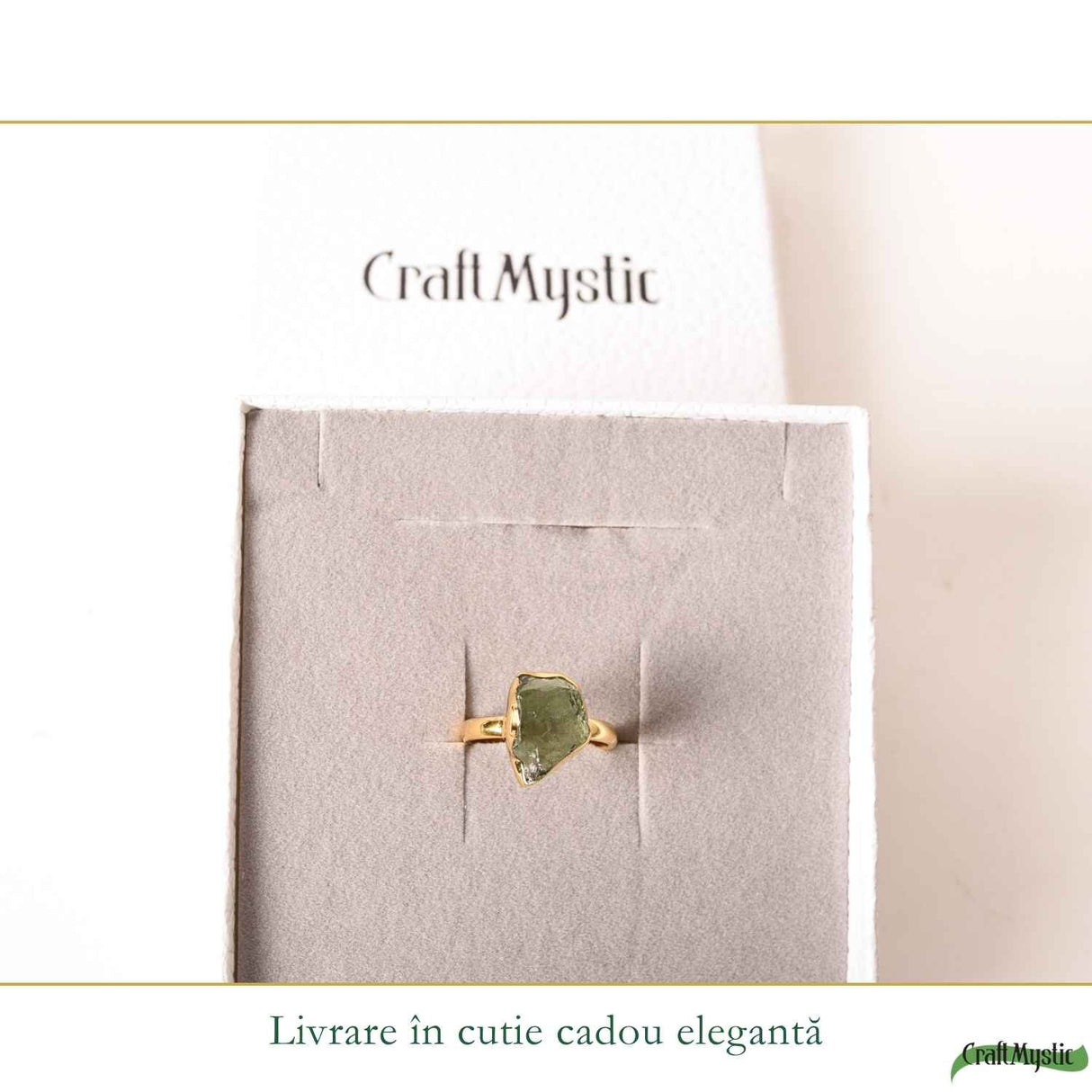 Inel cu Moldavit Brut si Argint 925 Placat Aur 18K, M8.5/58 - Protectie si Intuitie