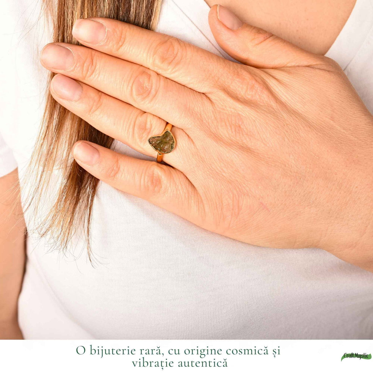 Inel Elegant cu Moldavit Natural, Argint 925 Placat cu Aur 18K, M8/56 - Vibratii Inalte