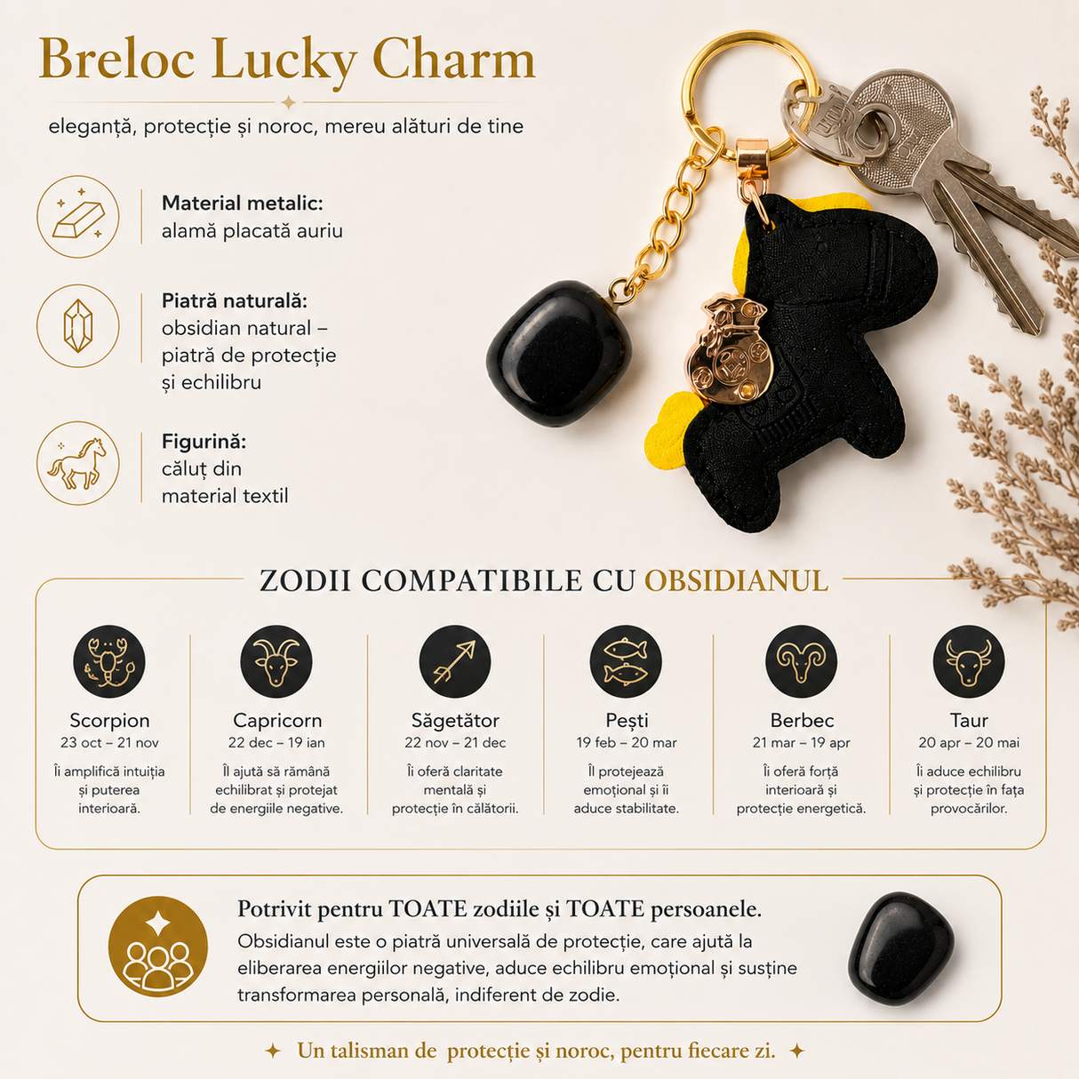 Breloc cu Obsidian Natural și Căluț Norocos – Protecție, Curaj și Echilibru Zilnic