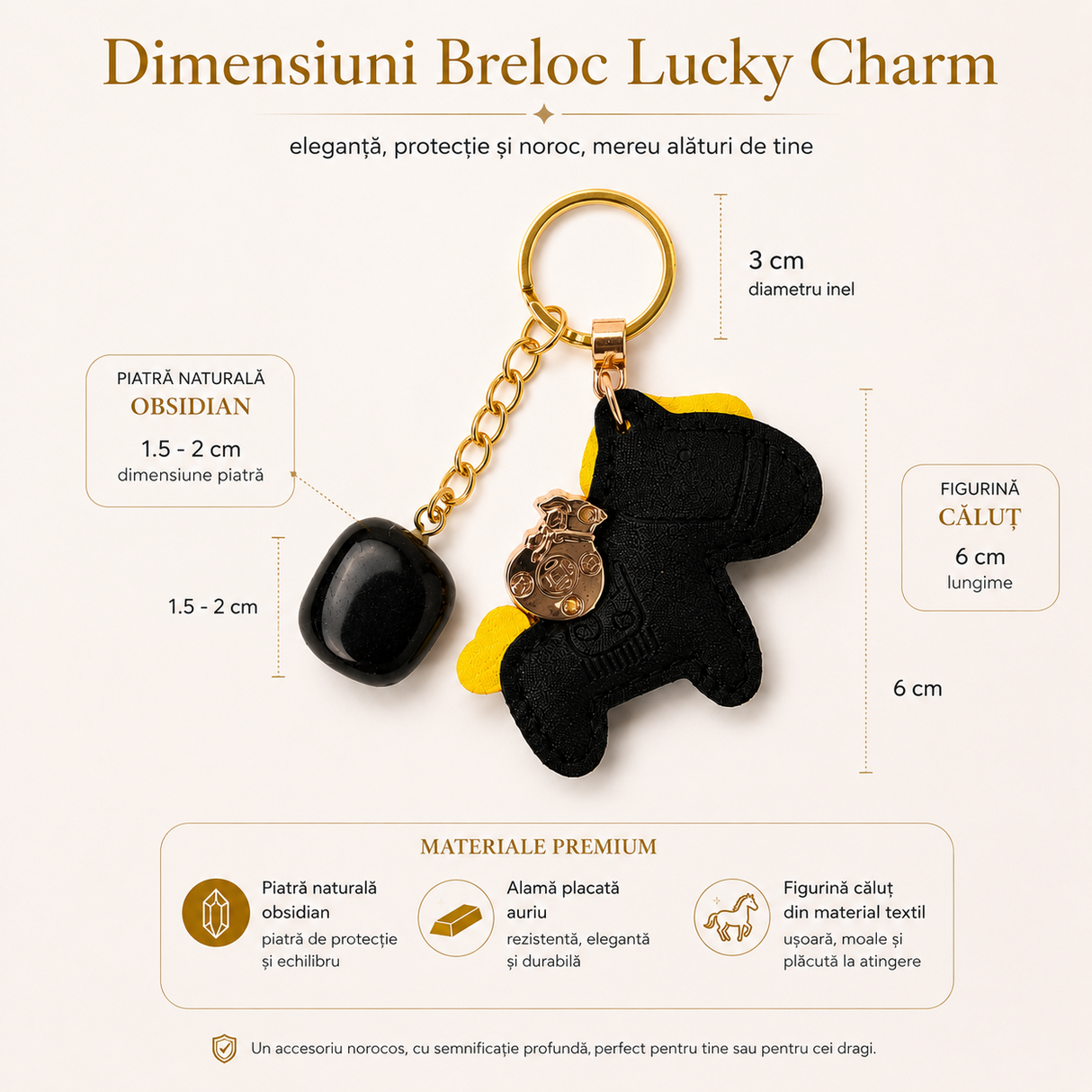 Breloc cu Obsidian Natural și Căluț Norocos – Protecție, Curaj și Echilibru Zilnic