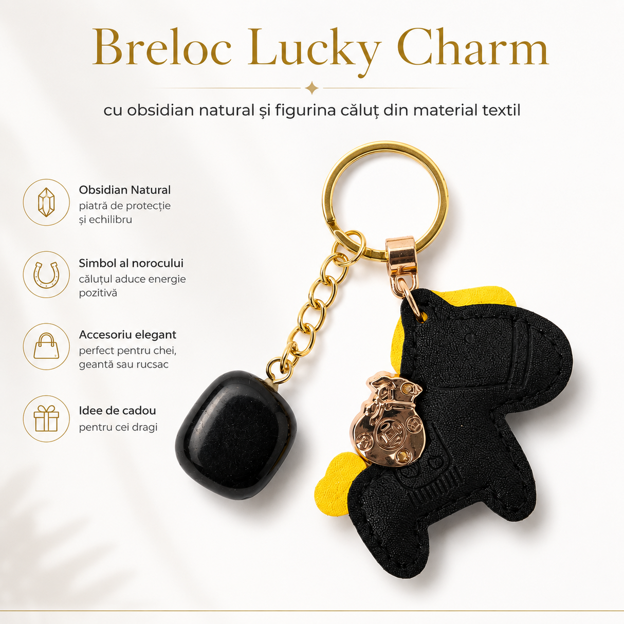 Breloc cu Obsidian Natural și Căluț Norocos – Protecție, Curaj și Echilibru Zilnic