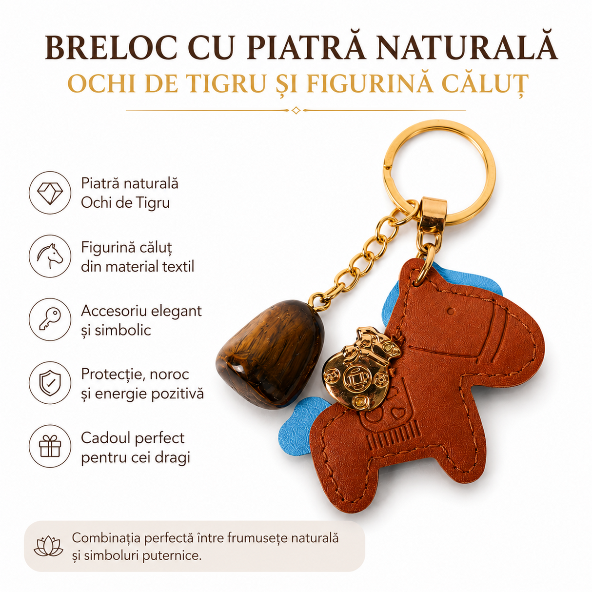 Breloc cu Ochi de Tigru Natural și Căluț – Protecție, Curaj și Noroc Zilnic
