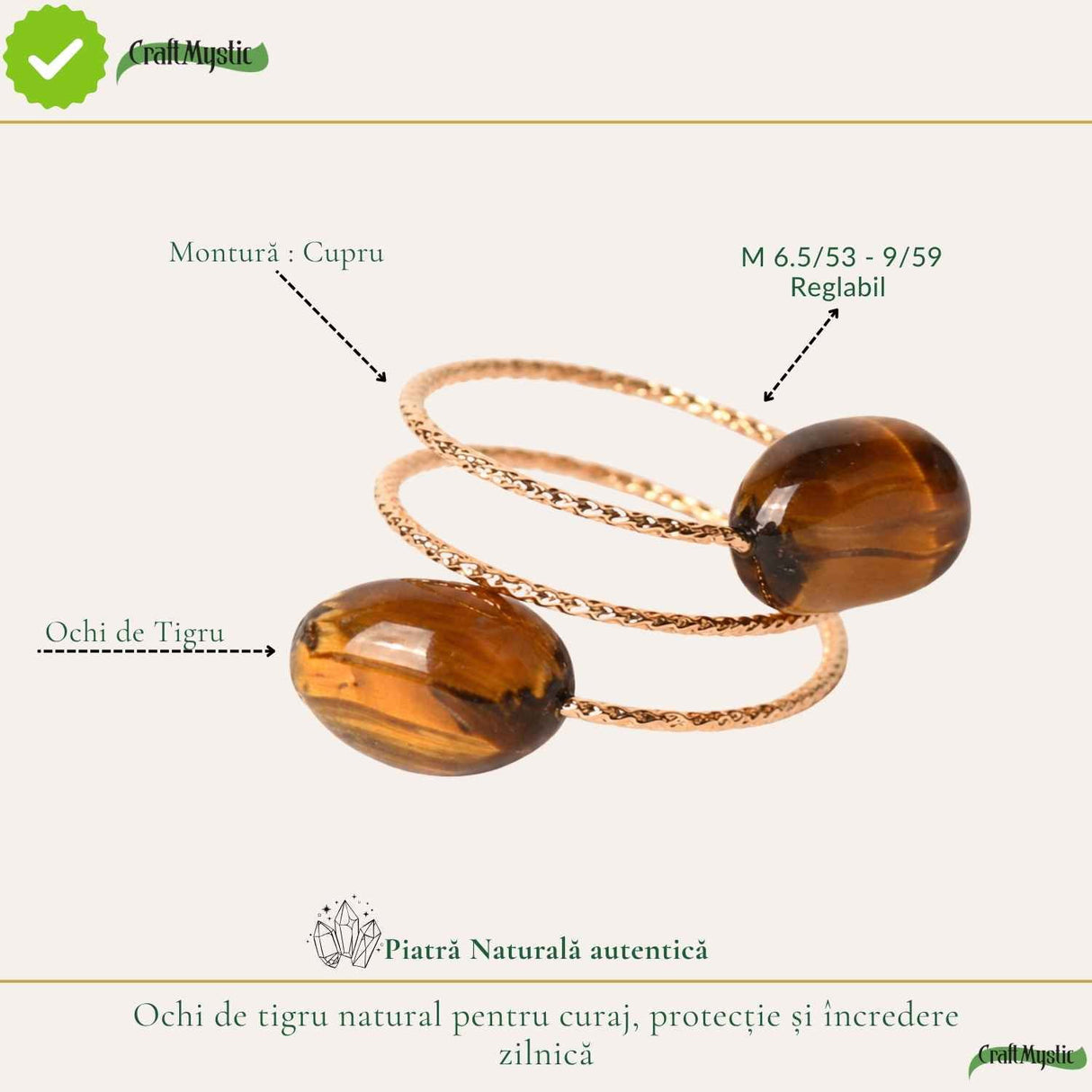 Inel cu Ochi de Tigru Natural si Cupru – Curaj, Incredere si Protectie