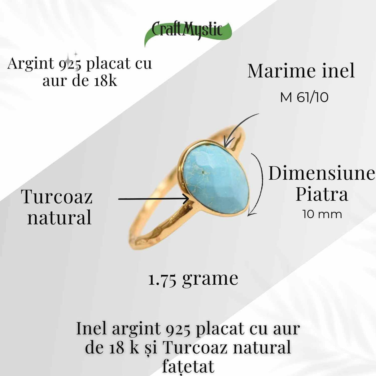 Inel argint 925 placat cu aur 18K si Turcoaz natural fatetat - Protectie, claritate si comunicare