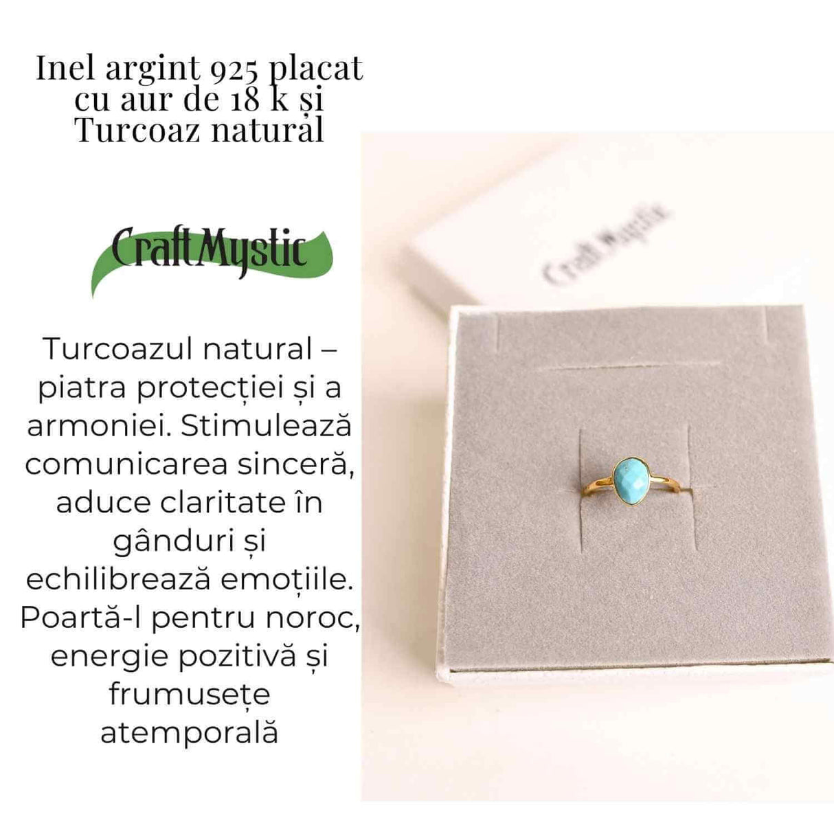 Inel argint 925 placat cu aur 18K si Turcoaz natural fatetat - Protectie, claritate si comunicare