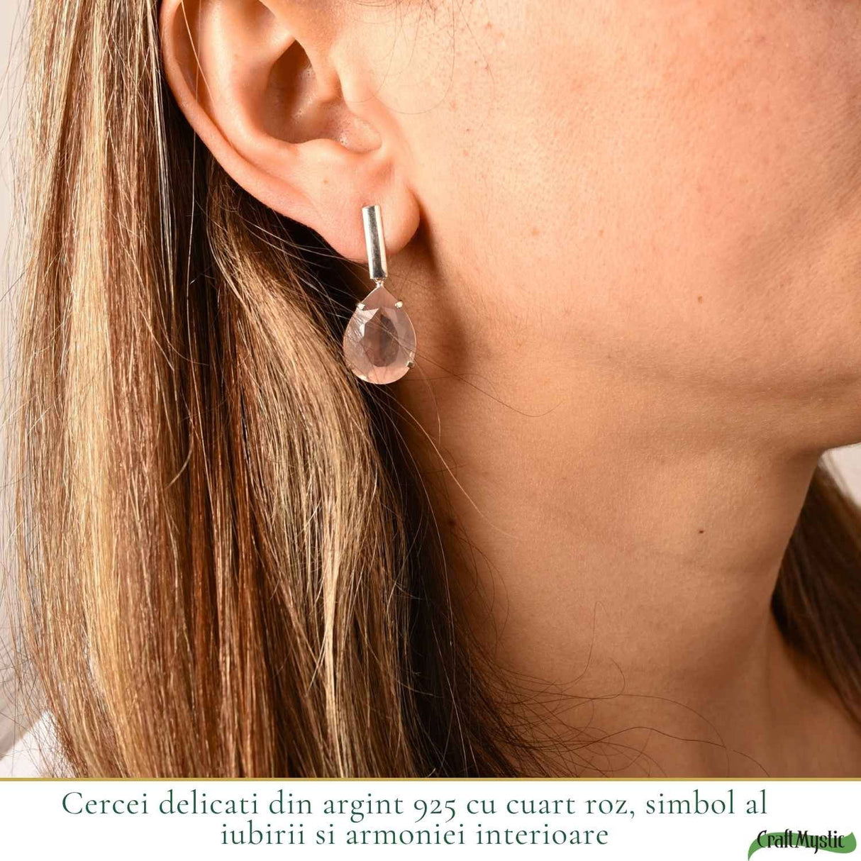 Cercei Argint 925 cu Cuart Roz Lacrima – Iubire si Echilibru Emotional