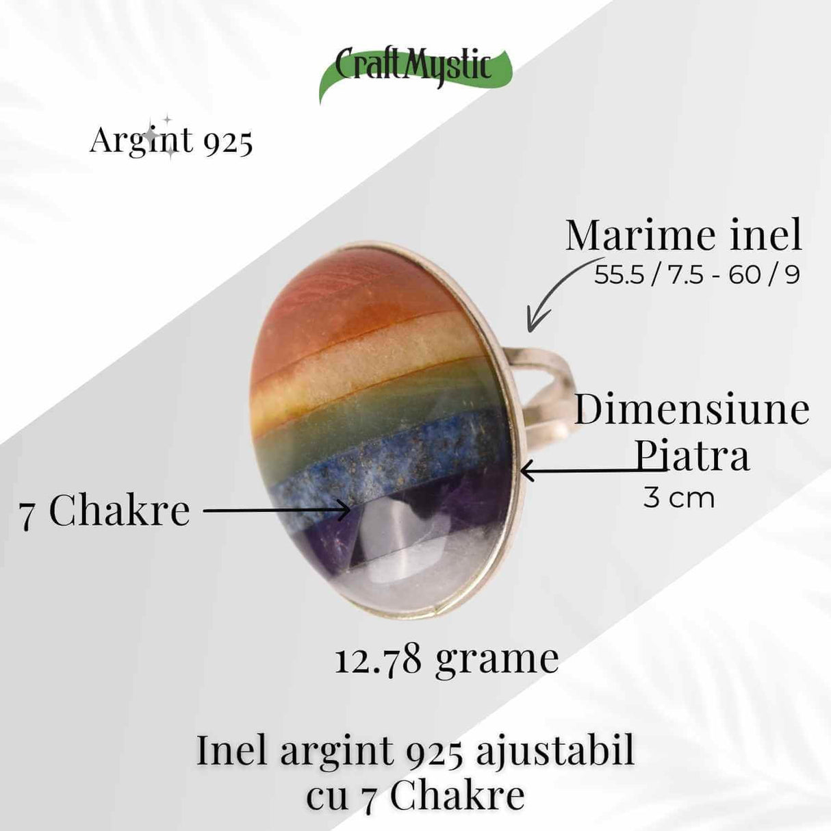Inel Ajustabil din Argint 925 cu Pietrele celor 7 Chakre - Armonie Energetica si Echilibru Interior