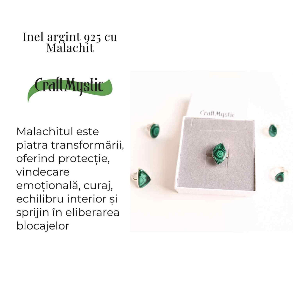 Inel din Argint 925 cu Malachit Natural 8.92 gr M55/7- Protectie Energetica si Echilibru Emotional in Fiecare Zi