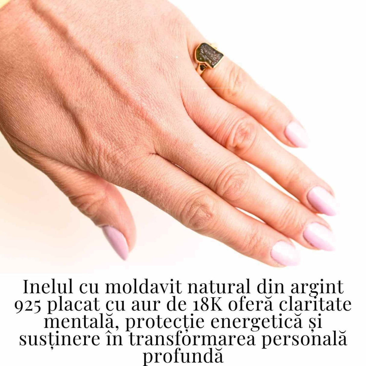 Inel din argint 925 cu Moldavit placat cu Aurit de 2.74gr 18k 46 (EU) / 4.5 (US)- Energia Metamorfozei Spirituale