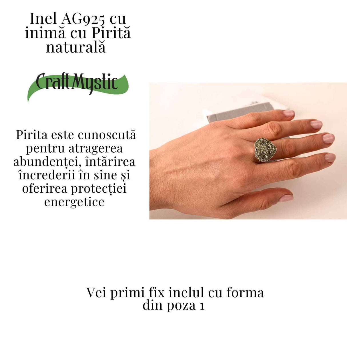 Inel din Argint 925 cu Pirita Naturala in Forma de Inima - Protectie si incredere in Sine
