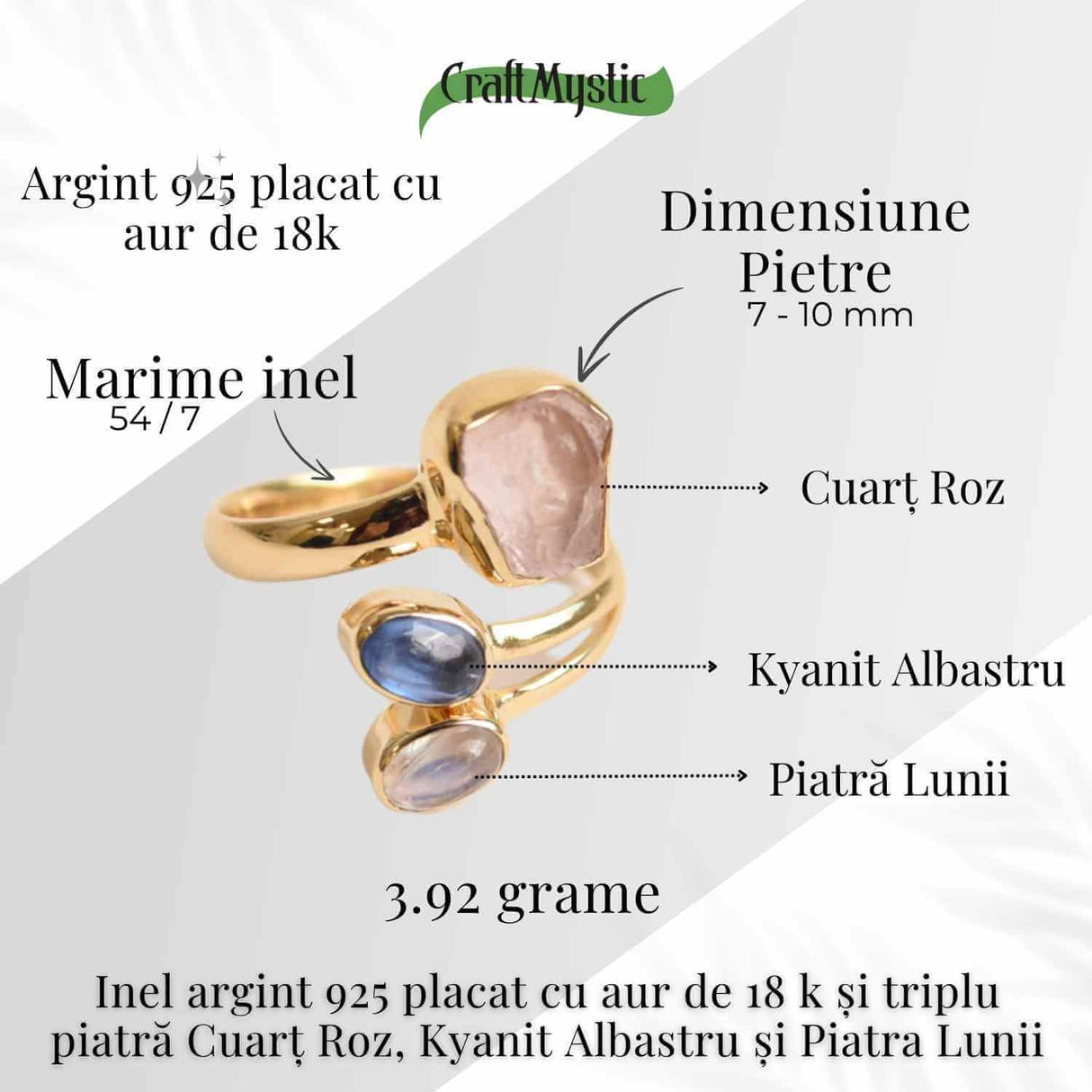 Inel din Argint 925 placat cu Aur de 18K cu Kianit Albastru, Cuart Roz si Piatra Lunii 3.68gr M 52/6- Armonie Interioara, Claritate si Deschidere Emotionala