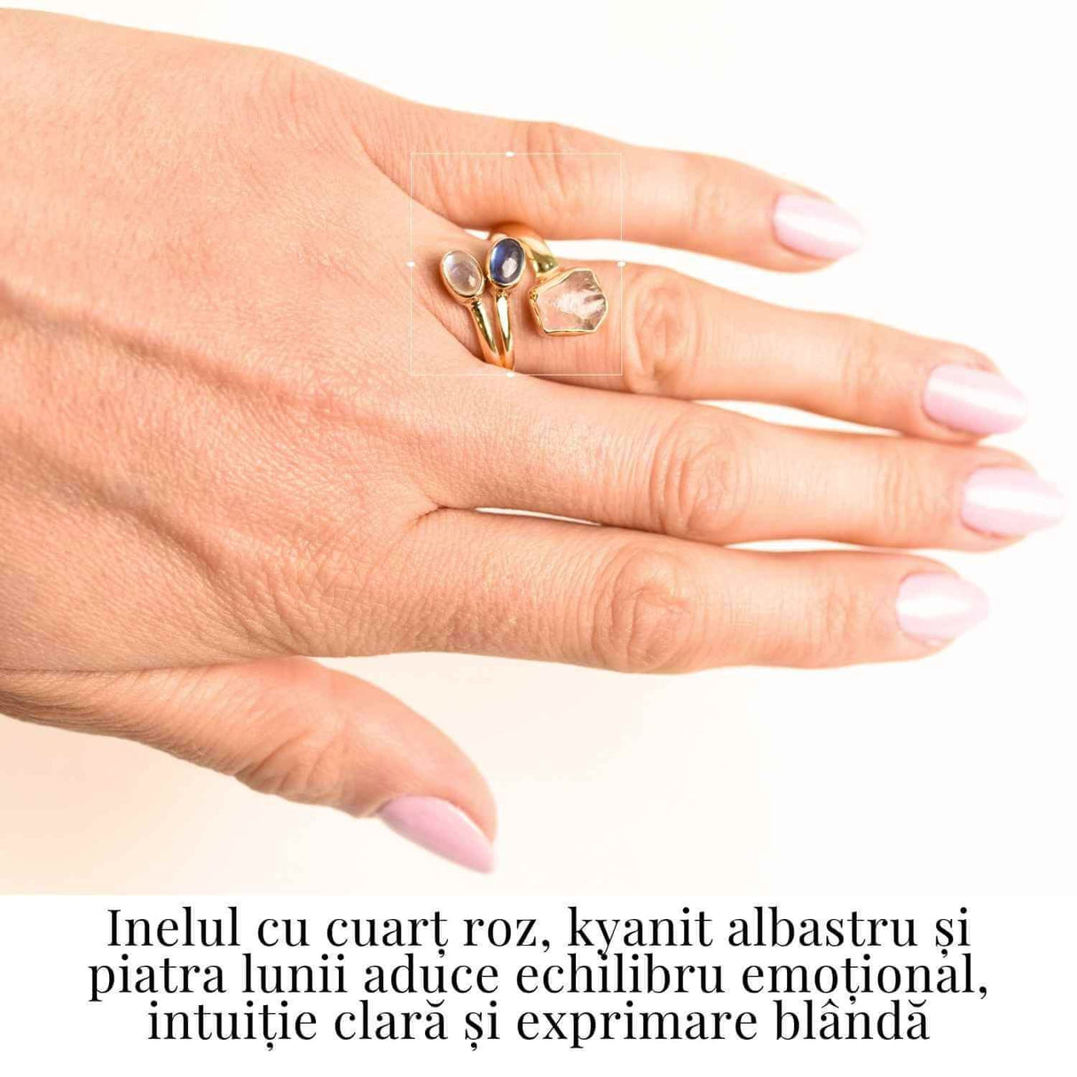 Inel din Argint 925 placat cu Aur de 18K cu Kianit Albastru, Cuart Roz si Piatra Lunii 3.68gr M 52/6- Armonie Interioara, Claritate si Deschidere Emotionala