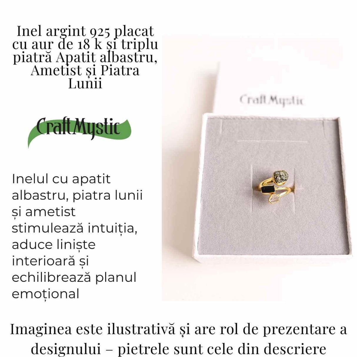 Inel din Argint 925 placat cu Aur de 18K cu Piatra Lunii, Ametist si Apatit Albastru 4.05 gr, M56 / 7.5- Intuitie, Liniste Interioara si Claritate Mentala