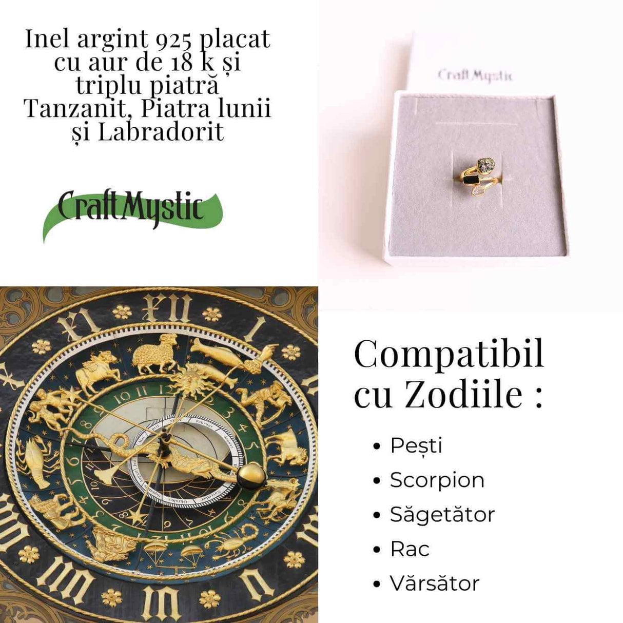 Inel din Argint 925 placat cu Aur de 18K cu Tanzanit, Piatra Lunii si Labradorit 4.02gr M59 / 9- Intuitie, Transformare si Lumina Interioara