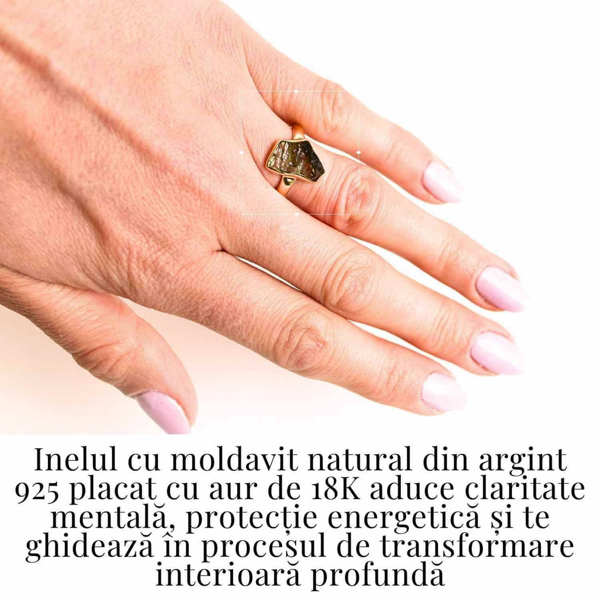Inel cu Moldavit si montura argint 925 placat cu Aur 18K 2.96 gr Marime 53 (EU) / 6.5 (US) - Deschide-ti Drumul Schimbarii Interioare,