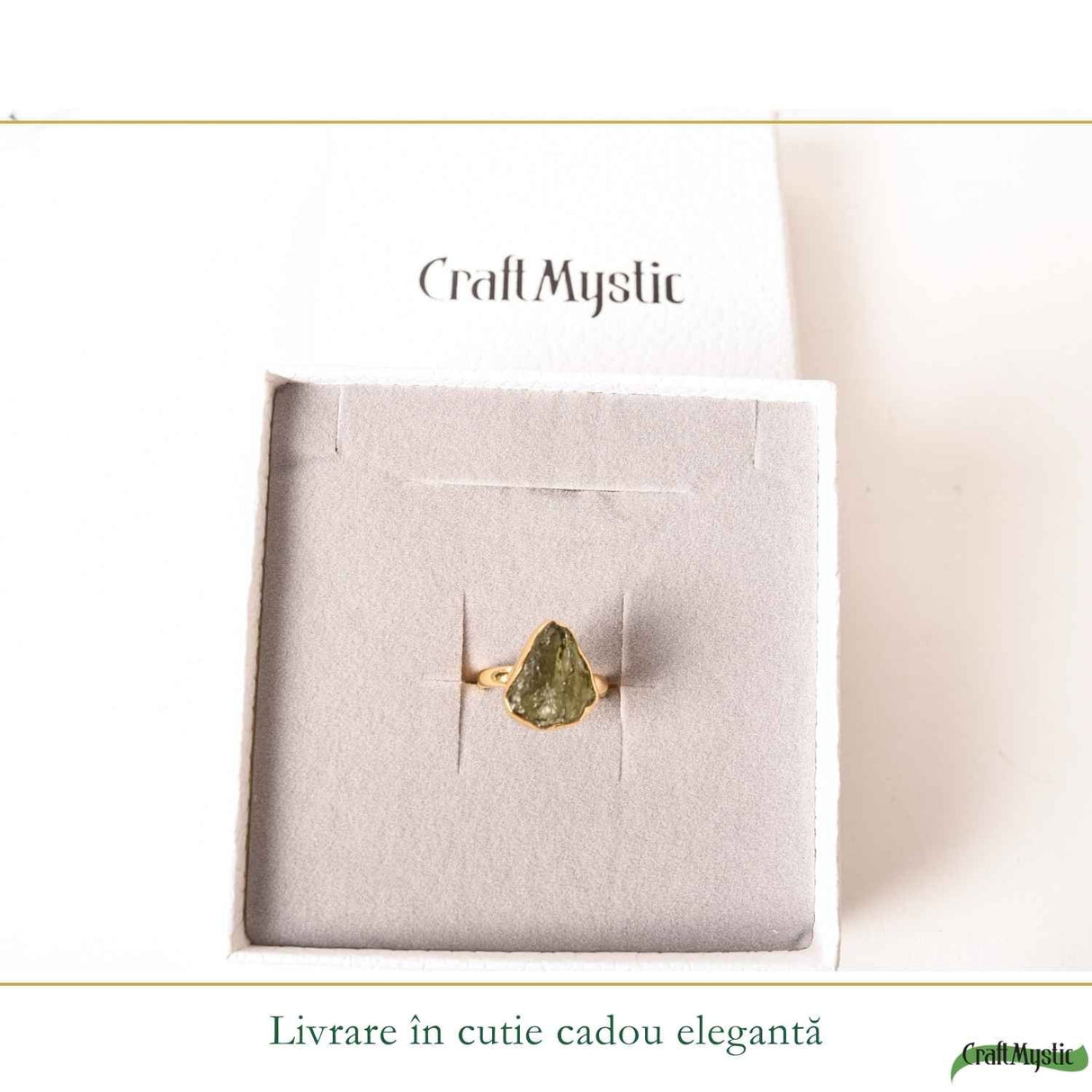 Inel cu Piatra Moldavit Verde, Argint 925 Placat Aur 18K, M7/54 - Echilibru si Evolutie