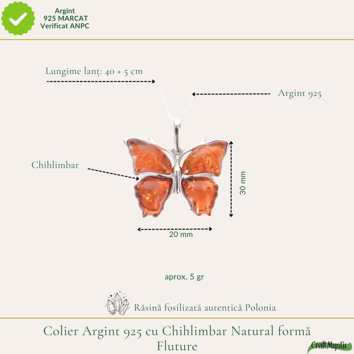 Colier argint 925 cu fluture si chihlimbar natural - Energie solara si vitalitate
