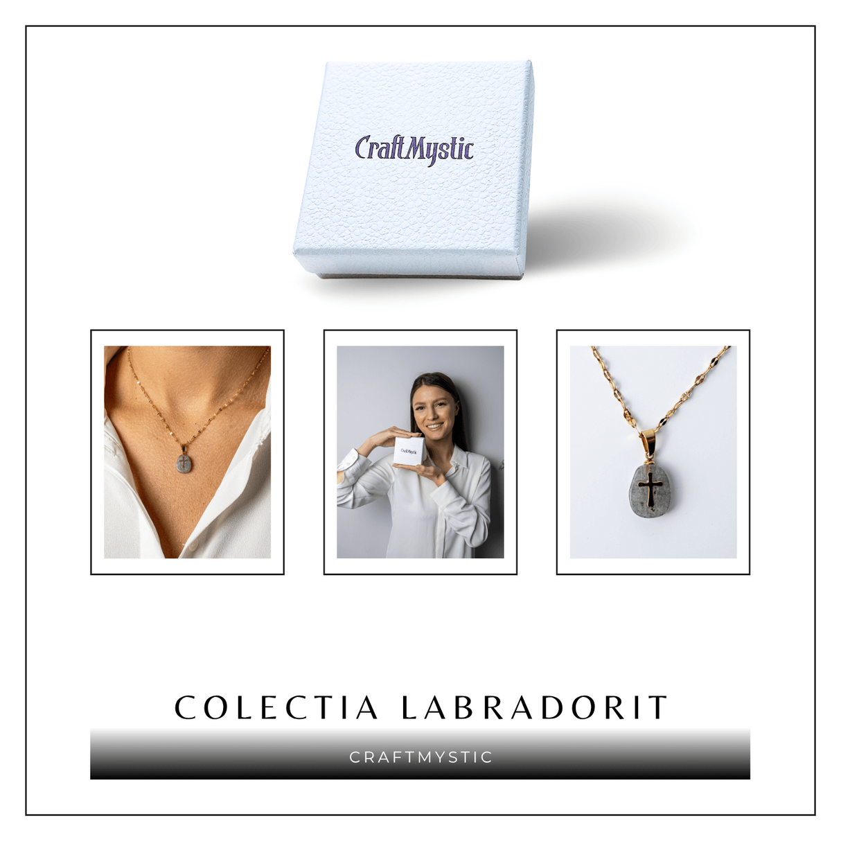 Colier Otel Inoxidabil Auriu cu Labradorit (Spectrolit) si Cruce - Protectie Divina si Lumina Interioara