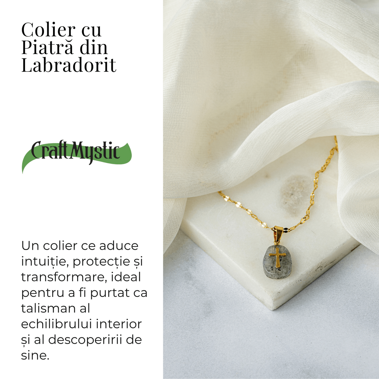 Colier Otel Inoxidabil Auriu cu Labradorit (Spectrolit) si Cruce - Protectie Divina si Lumina Interioara