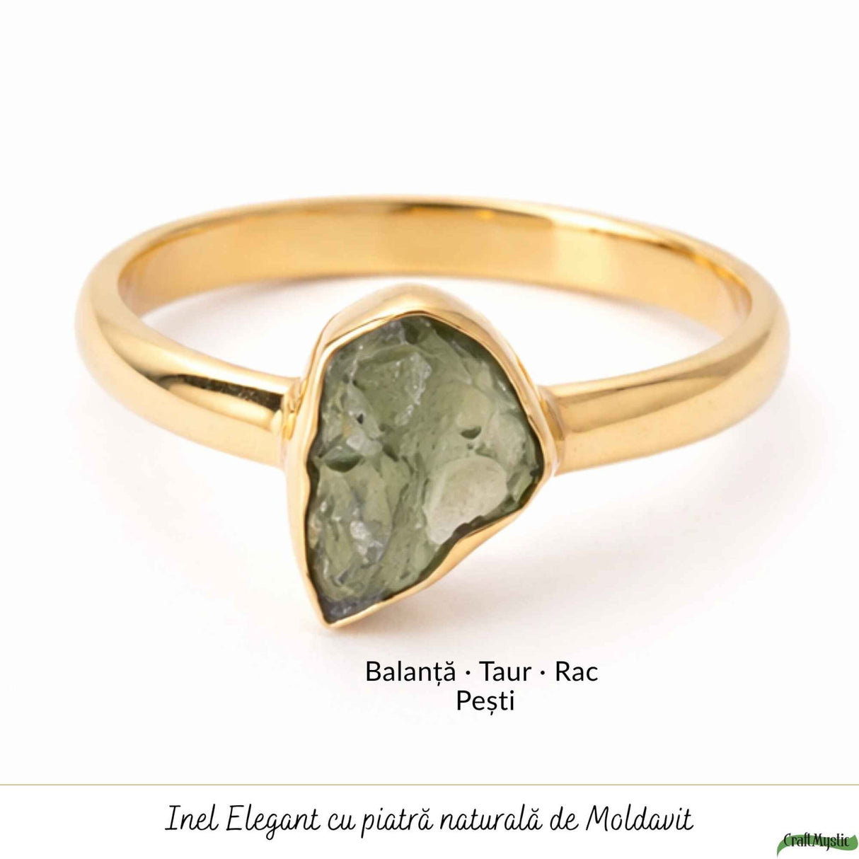 Inel Elegant cu Moldavit Brut – Argint 925 Placat cu Aur 18K, M8/56 - Transformare si Protectie