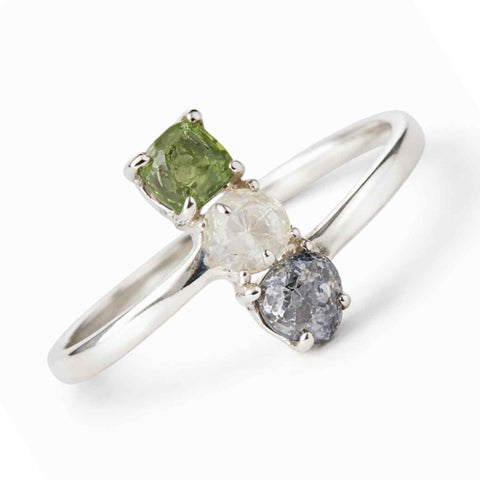 925 Silver Ring with Moldavite, Herkimer Diamond, and Meteorite - Connection and Clarity