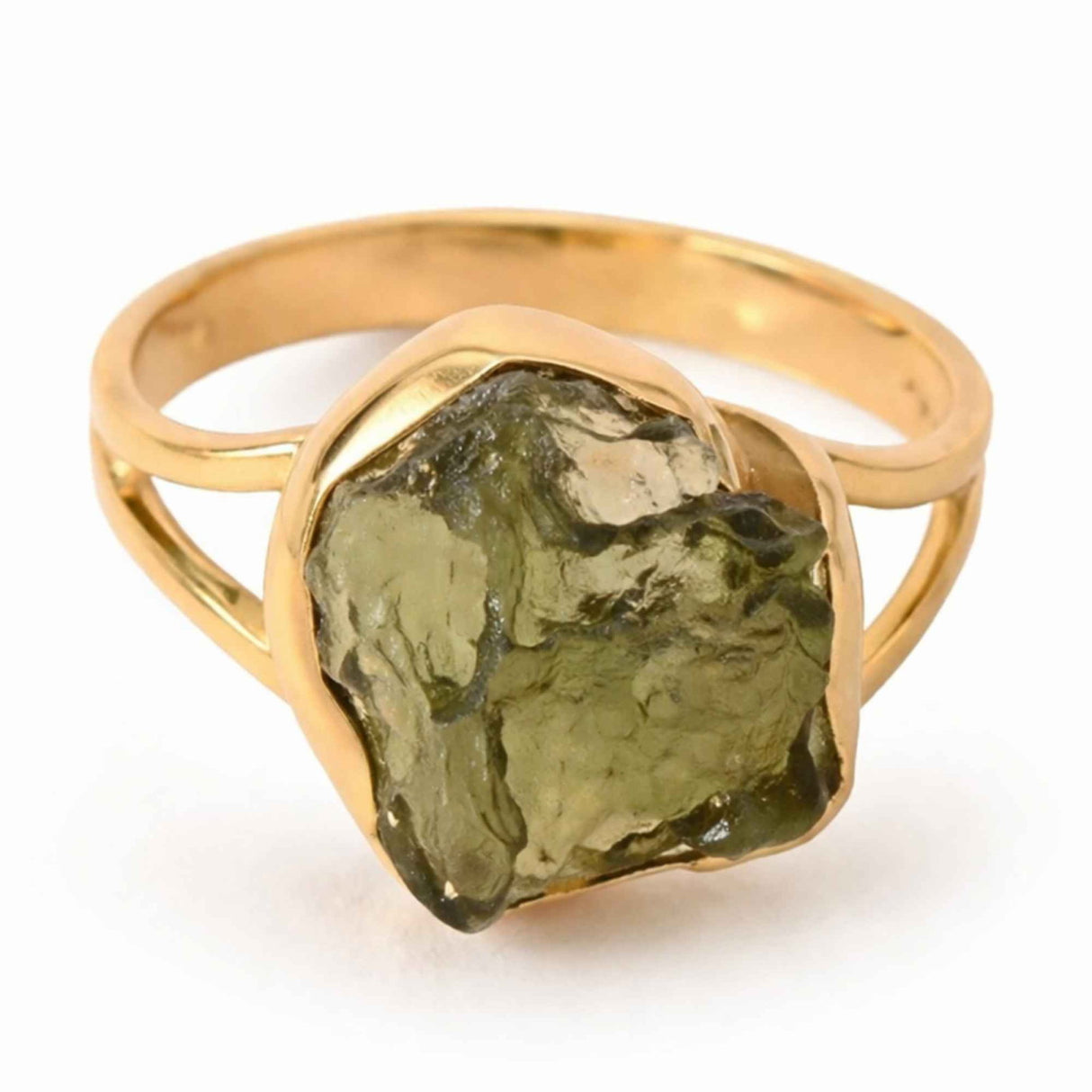 Inel elegant cu Moldavit Brut – Argint 925 Placat Aur 18K, M9.5/61- Protectie si Crestere Interioara