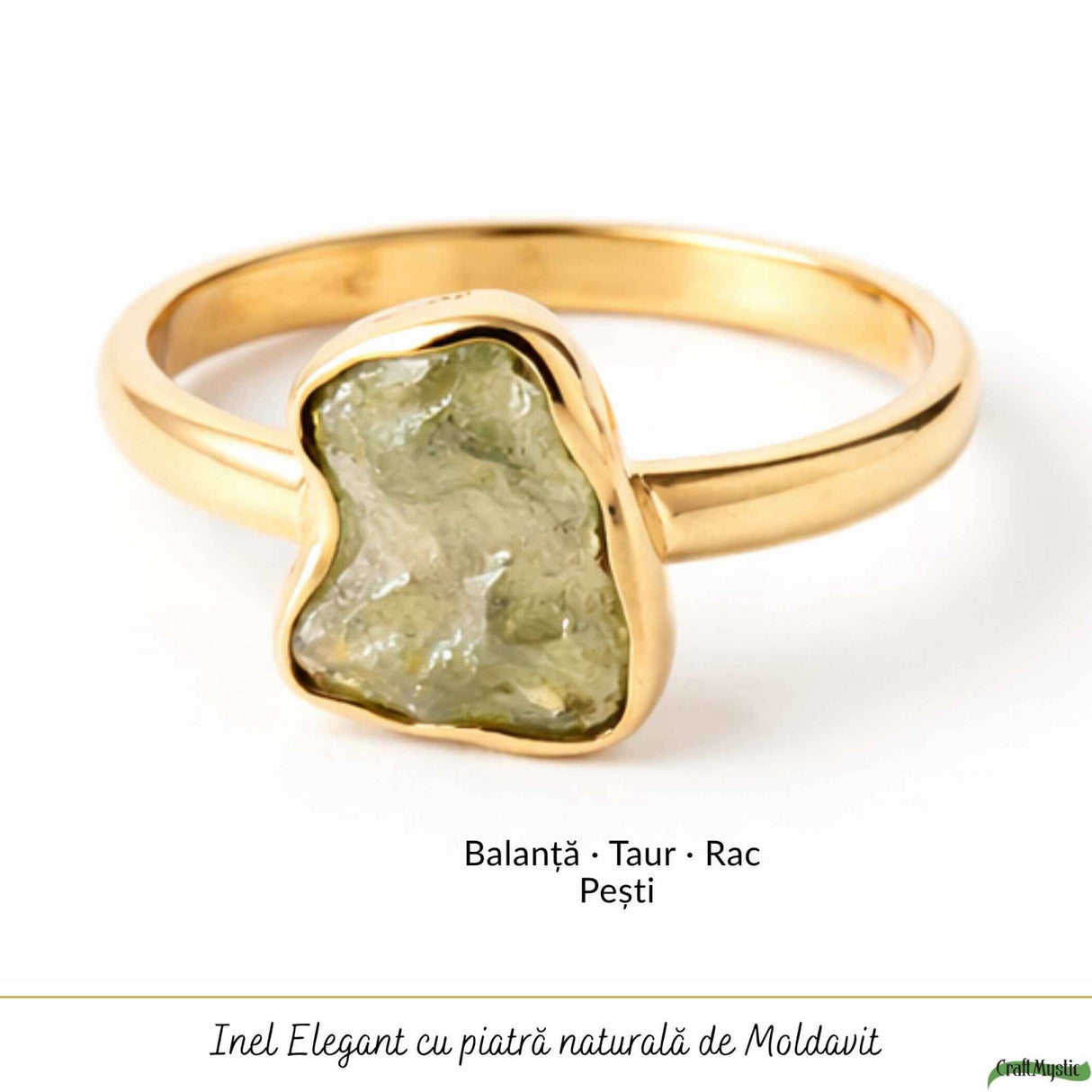 Inel moldavit brut natural si argint 925 placat cu aur de 18k, M7.5/56 – energie autentica si transformare profunda