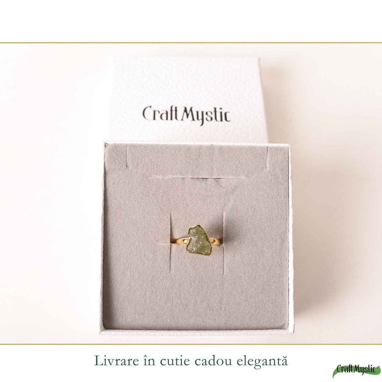 Inel moldavit brut natural si argint 925 placat cu aur de 18k, M7.5/56 – energie autentica si transformare profunda
