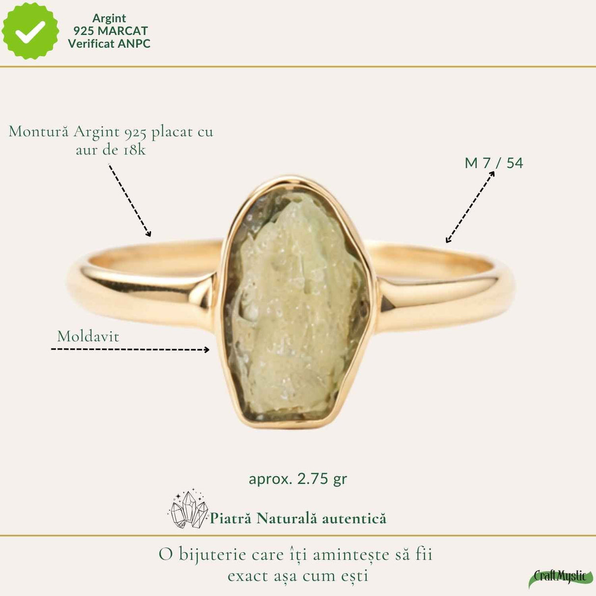 Inel argint 925 placat cu aur de 18k si moldavit natural brut, M7/54 – transformare profunda si energie autentica