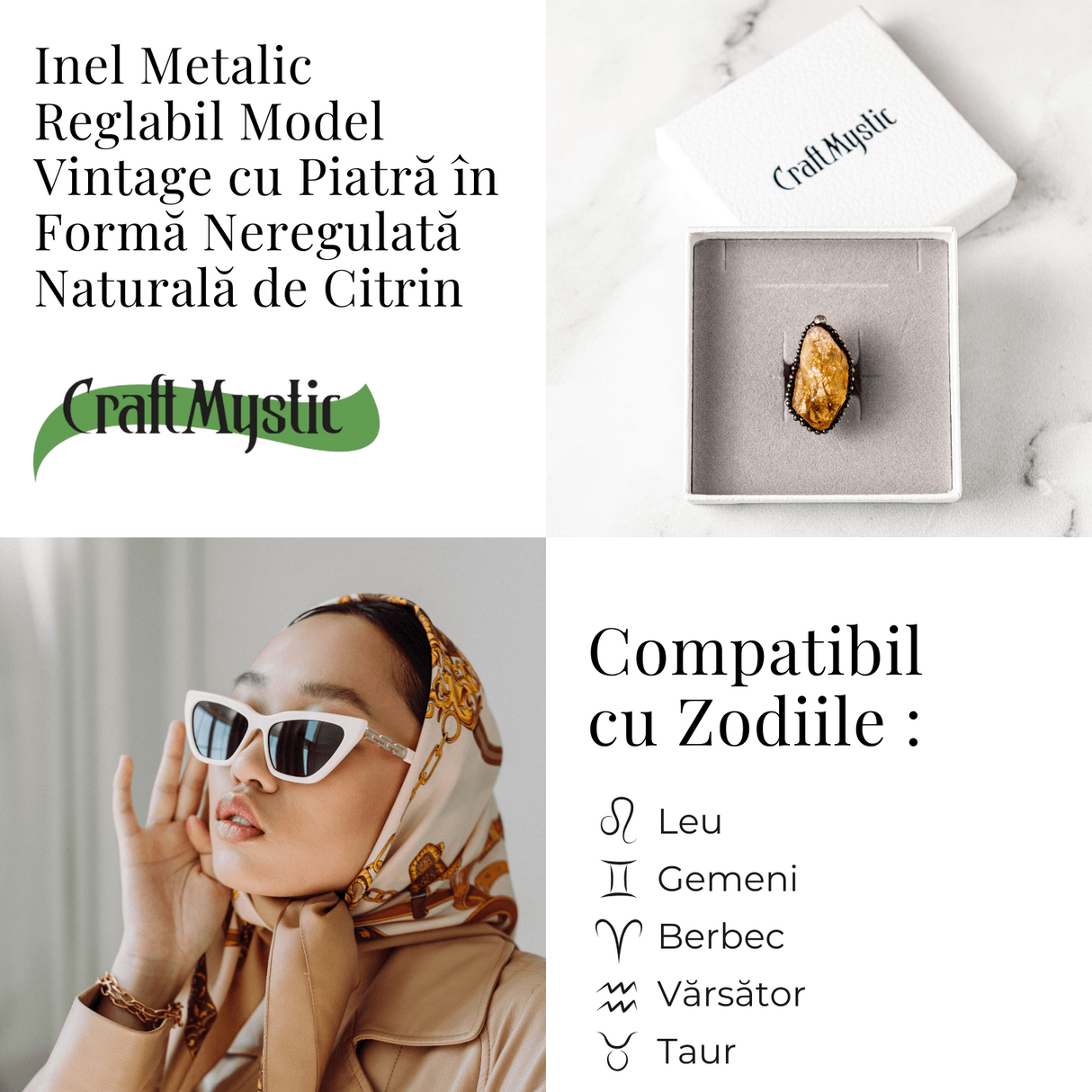Inel Reglabil Vintage cu Citrin Natural - Abundenta si Energie Pozitiva