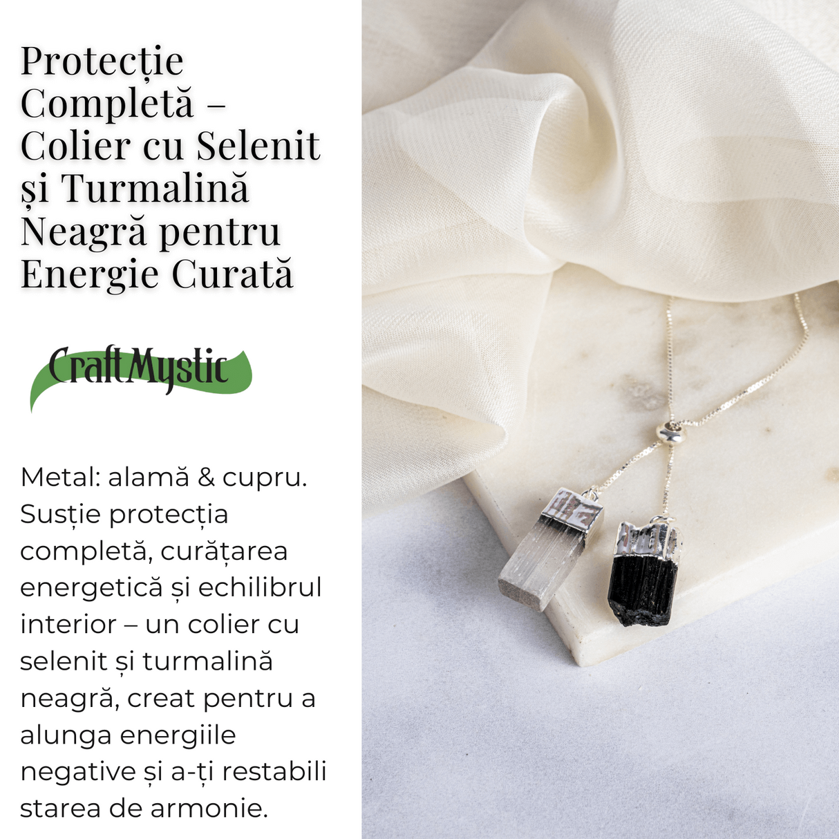 Protectie completa - Colier cu selenit si turmalina neagra pentru energie curata