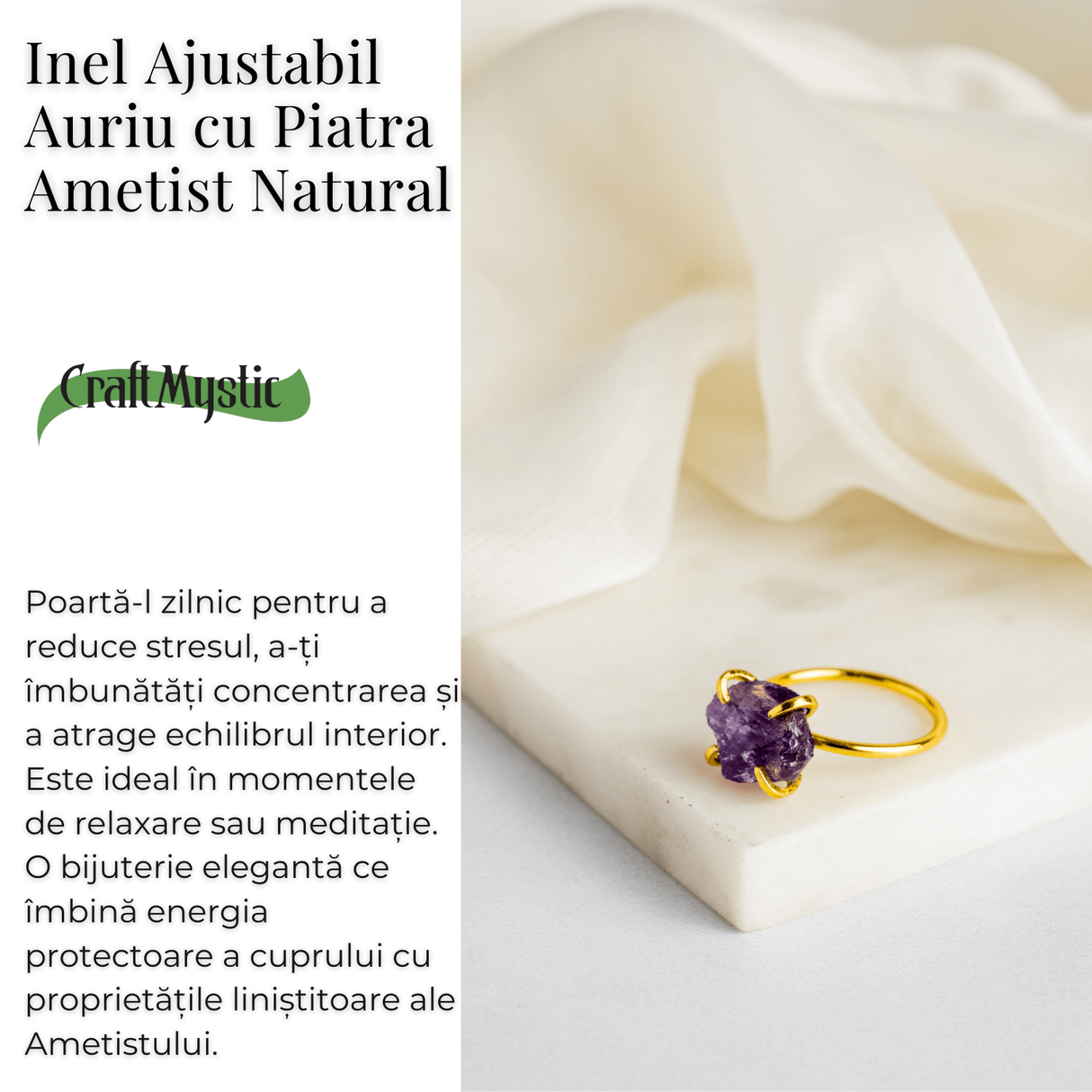 Inel reglabil auriu cu Ametist Brut pentru protectie si claritate
