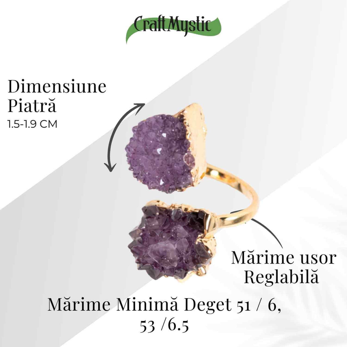 Inel usor Reglabil Auriu cu Dublu Ametist Natural Brut - Claritate Mentals si Echilibru Emotional