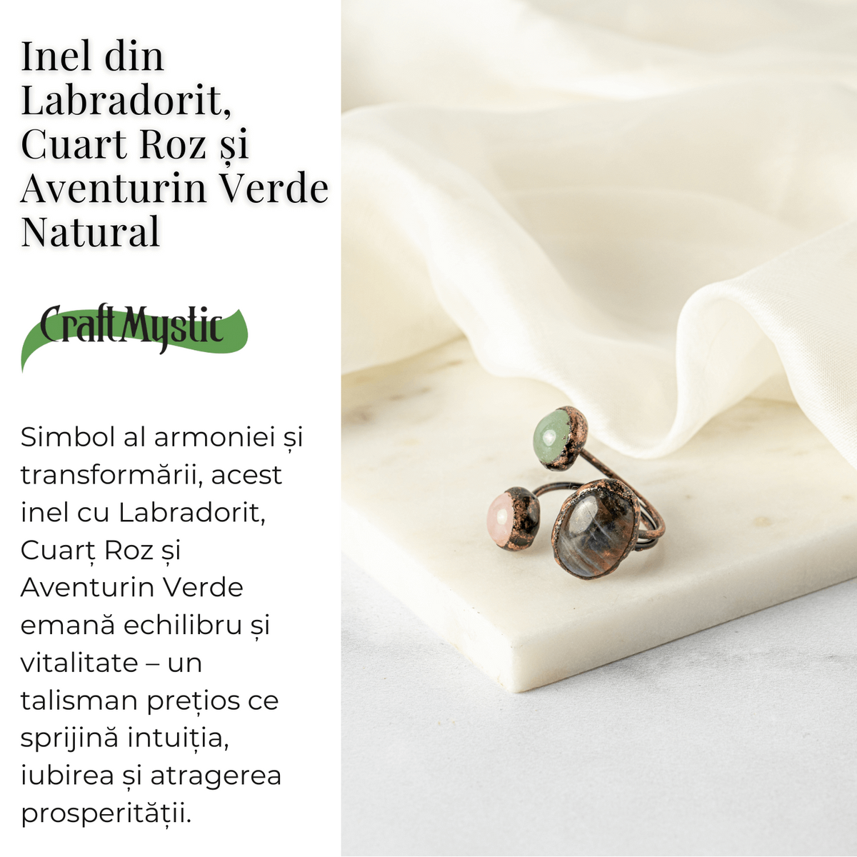 Adjustable Copper Ring with Labradorite, Rose Quartz, and Natural Green Aventurine - Harmony, love, and prosperity