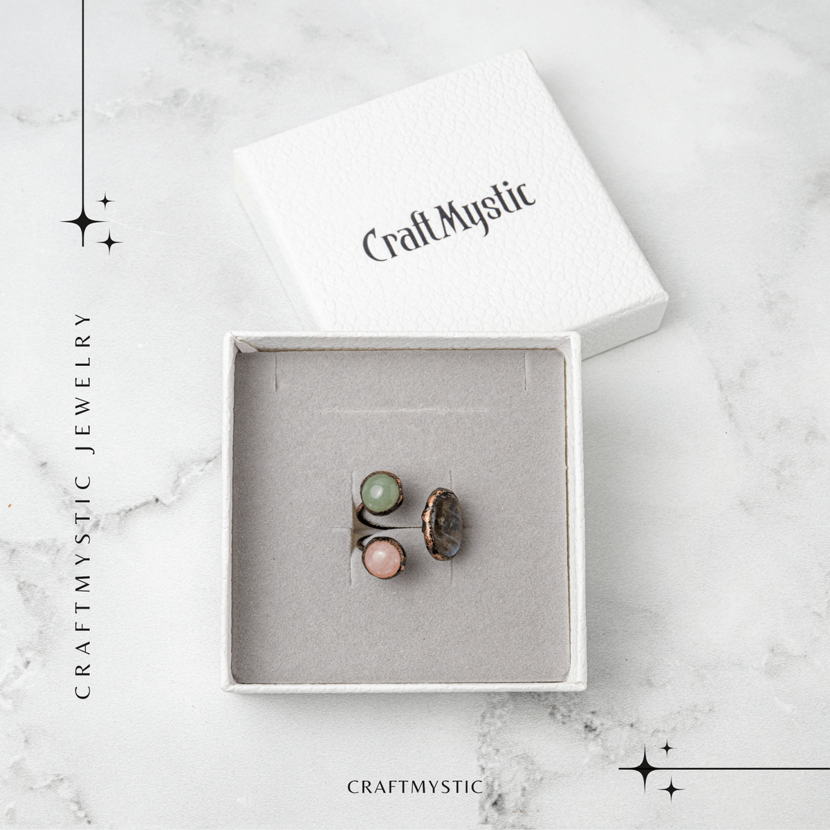 Adjustable Copper Ring with Labradorite, Rose Quartz, and Natural Green Aventurine - Harmony, love, and prosperity